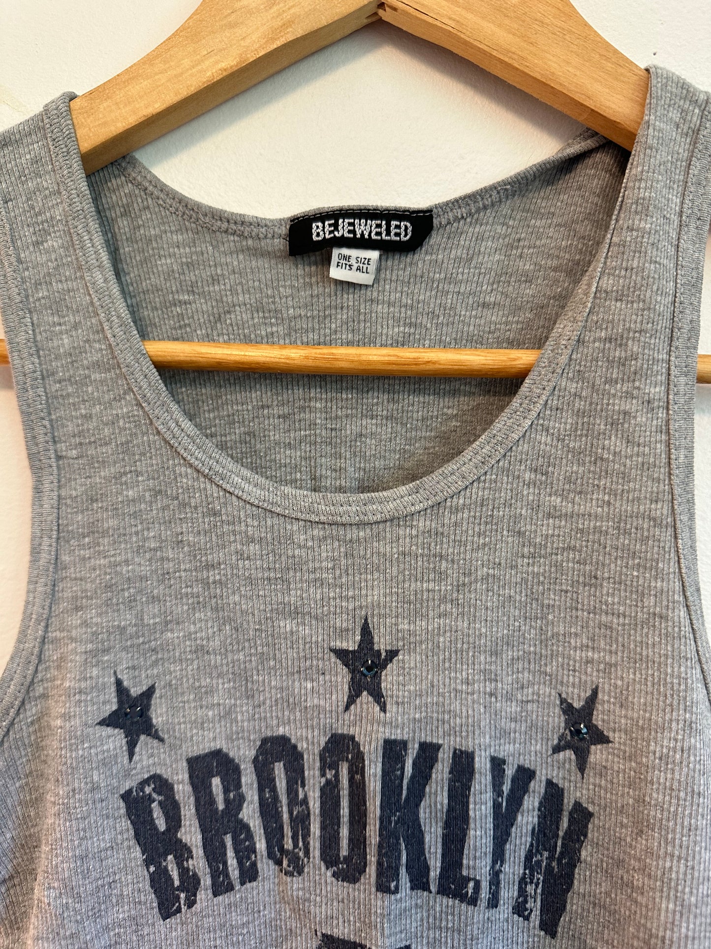 Bejeweled Brooklyn 5 All Stars Rhinestone Ribbed Tank Top in Gray | OS