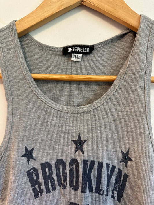 Bejeweled Brooklyn 5 All Stars Rhinestone Ribbed Tank Top in Gray | OS