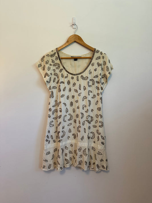 French Connection White Cotton Metal Sequin Beaded Shift Dress | Size 4