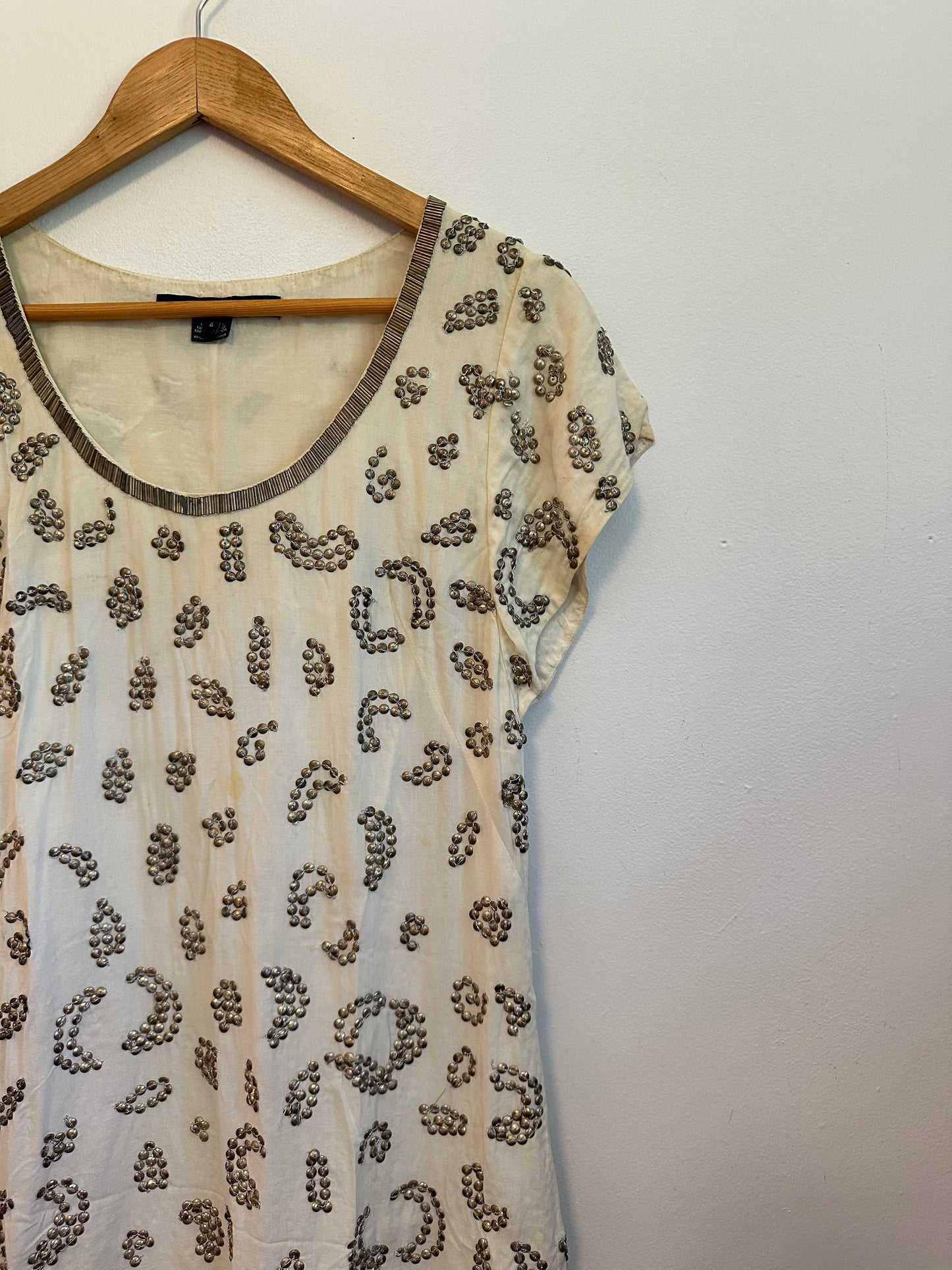 French Connection White Cotton Metal Sequin Beaded Shift Dress | Size 4