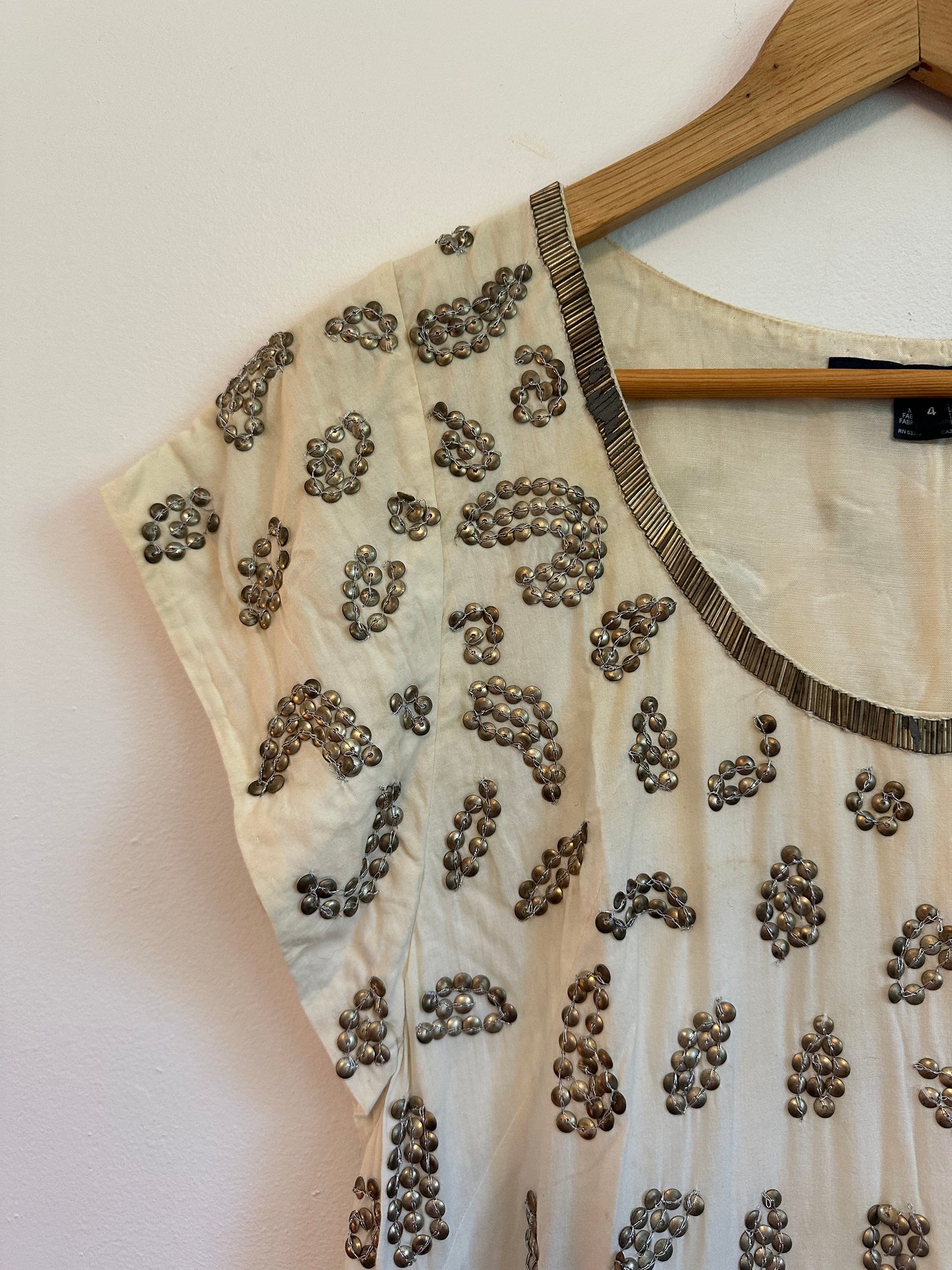 French Connection White Cotton Metal Sequin Beaded Shift Dress | Size 4