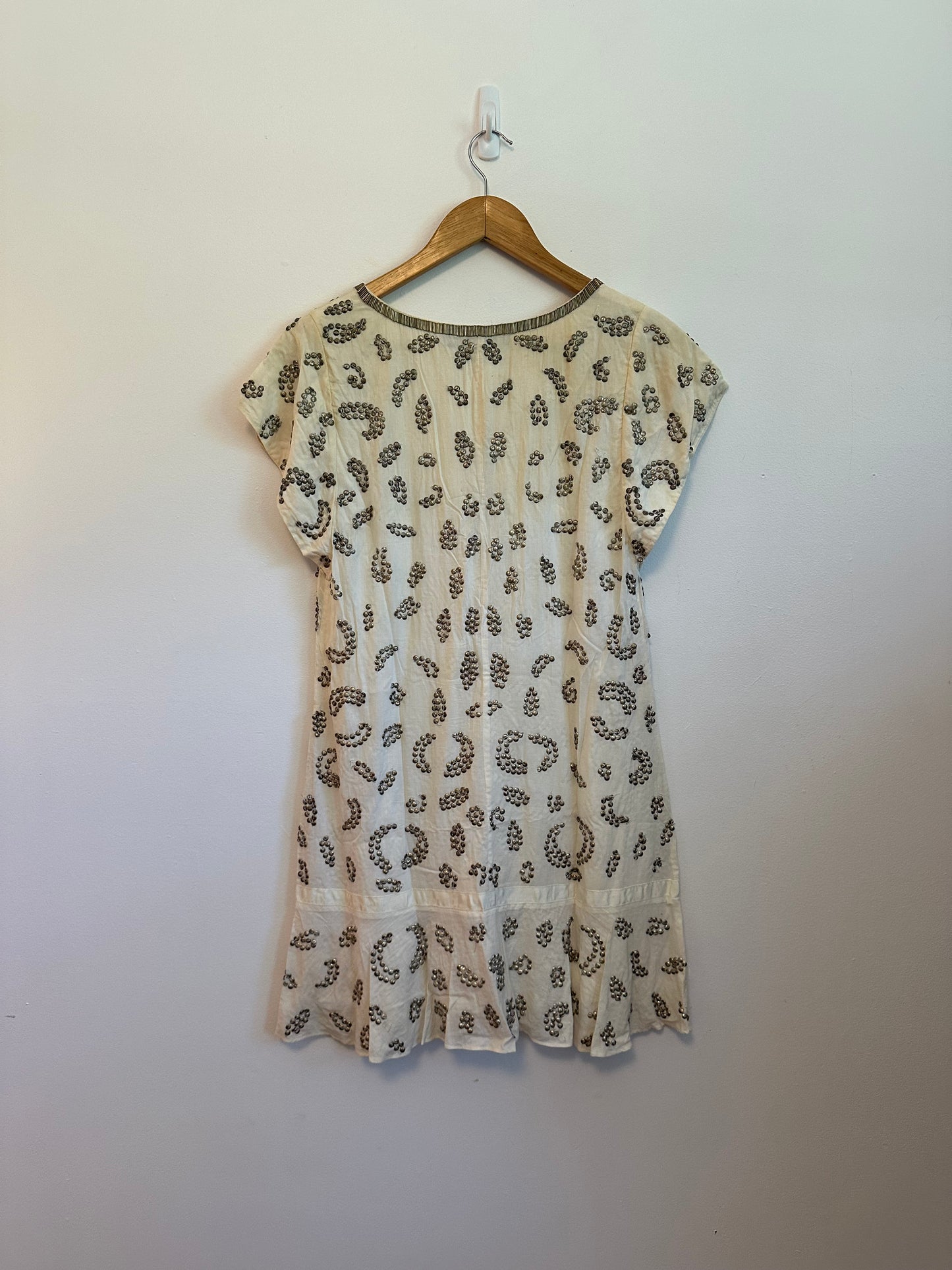 French Connection White Cotton Metal Sequin Beaded Shift Dress | Size 4