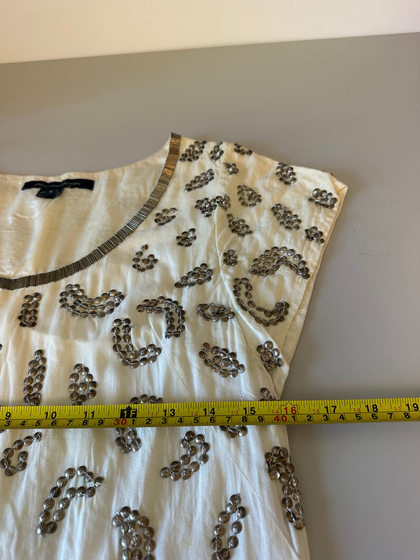 French Connection White Cotton Metal Sequin Beaded Shift Dress | Size 4