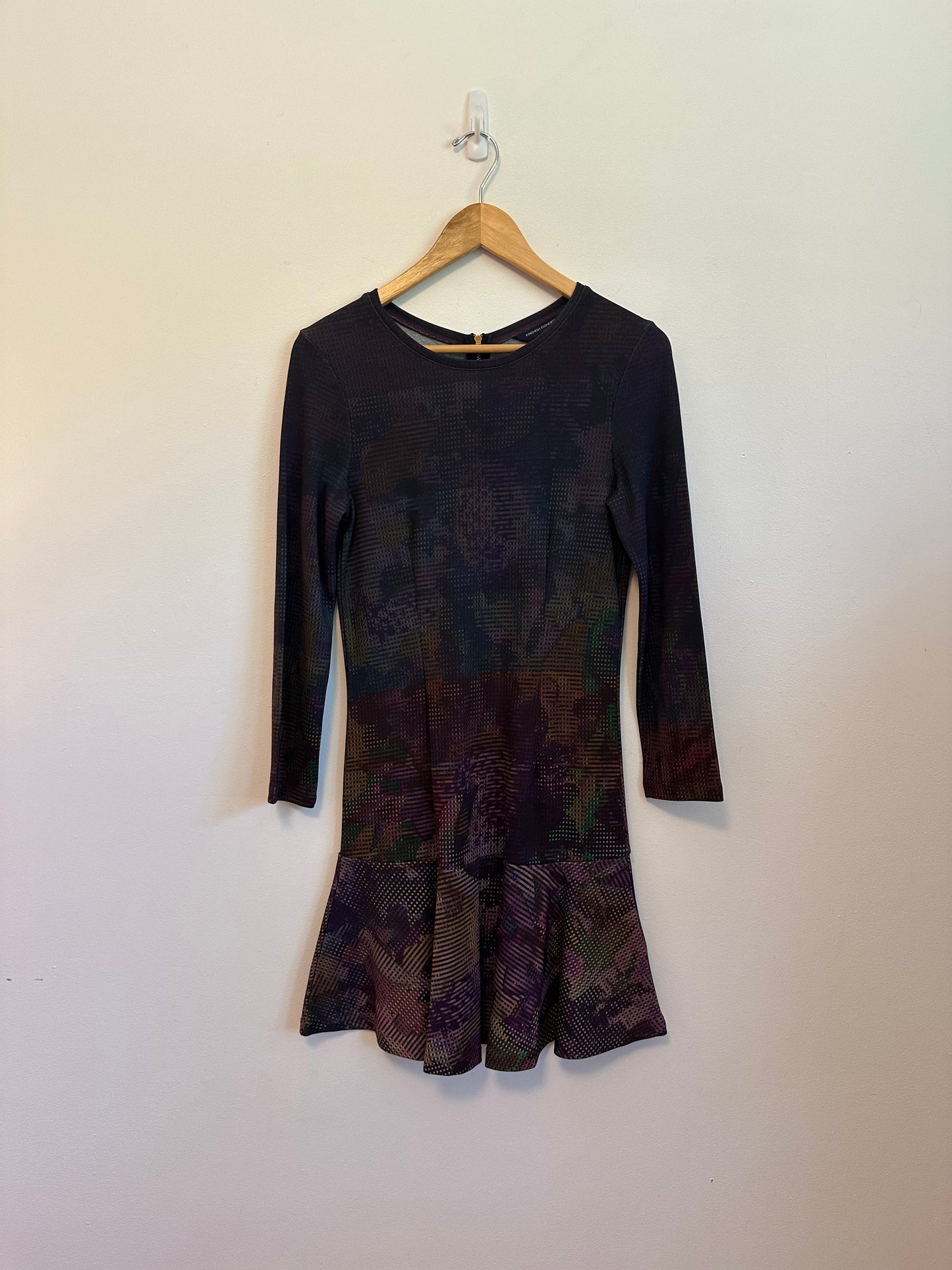 French Connection Purple Abstract Print Long Sleeve Ruffle Mini Dress | Size 6