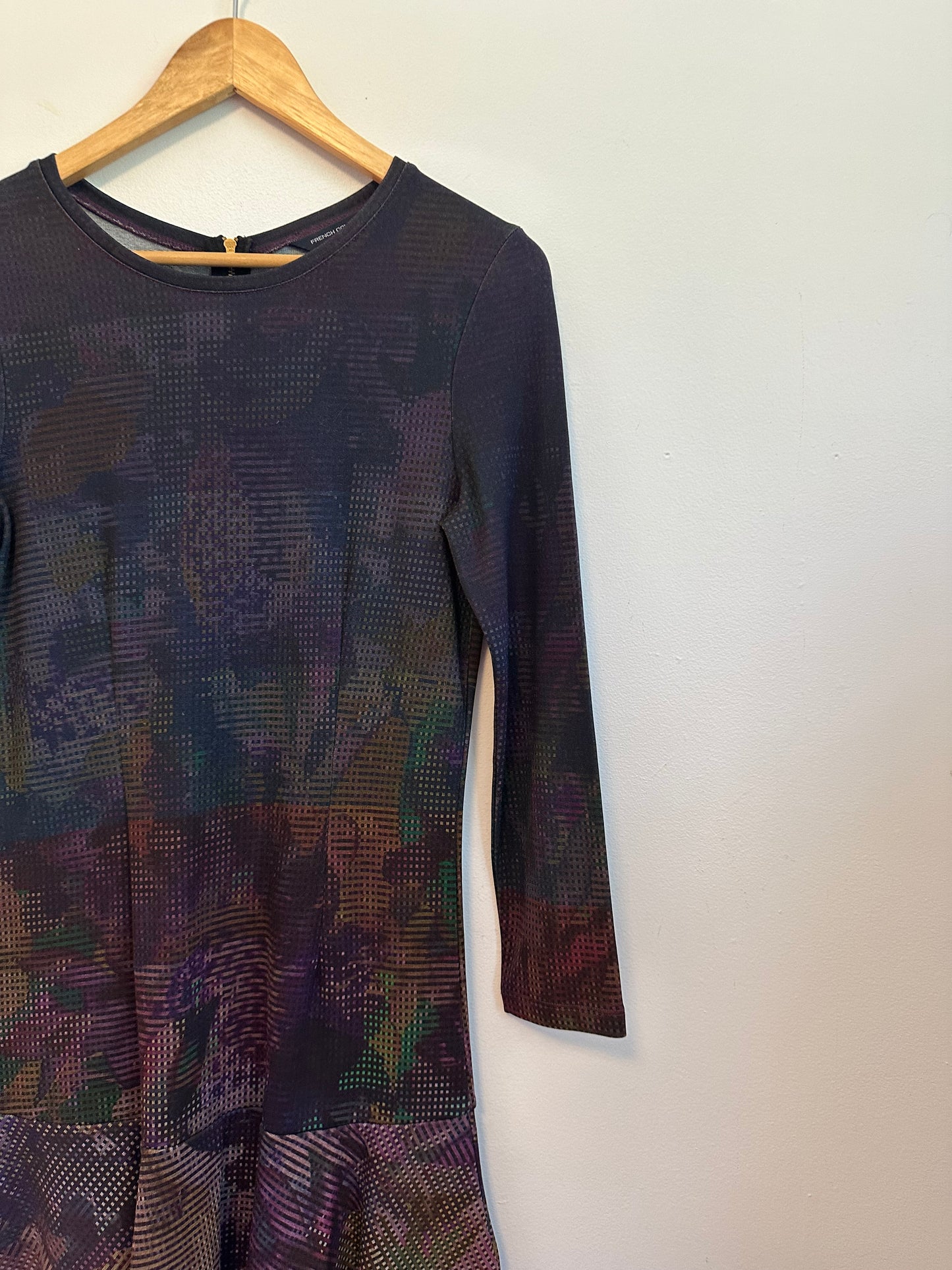 French Connection Purple Abstract Print Long Sleeve Ruffle Mini Dress | Size 6