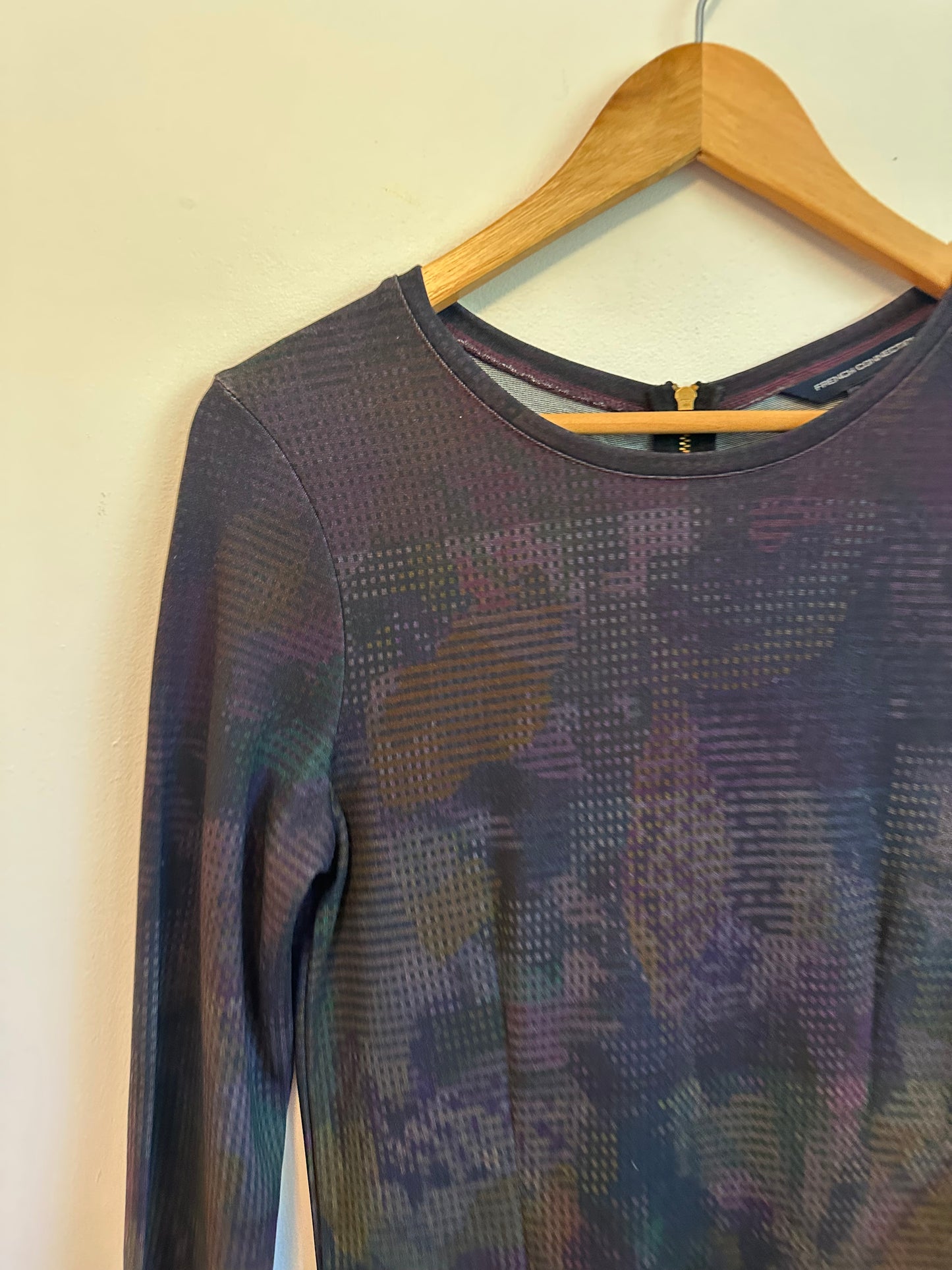 French Connection Purple Abstract Print Long Sleeve Ruffle Mini Dress | Size 6