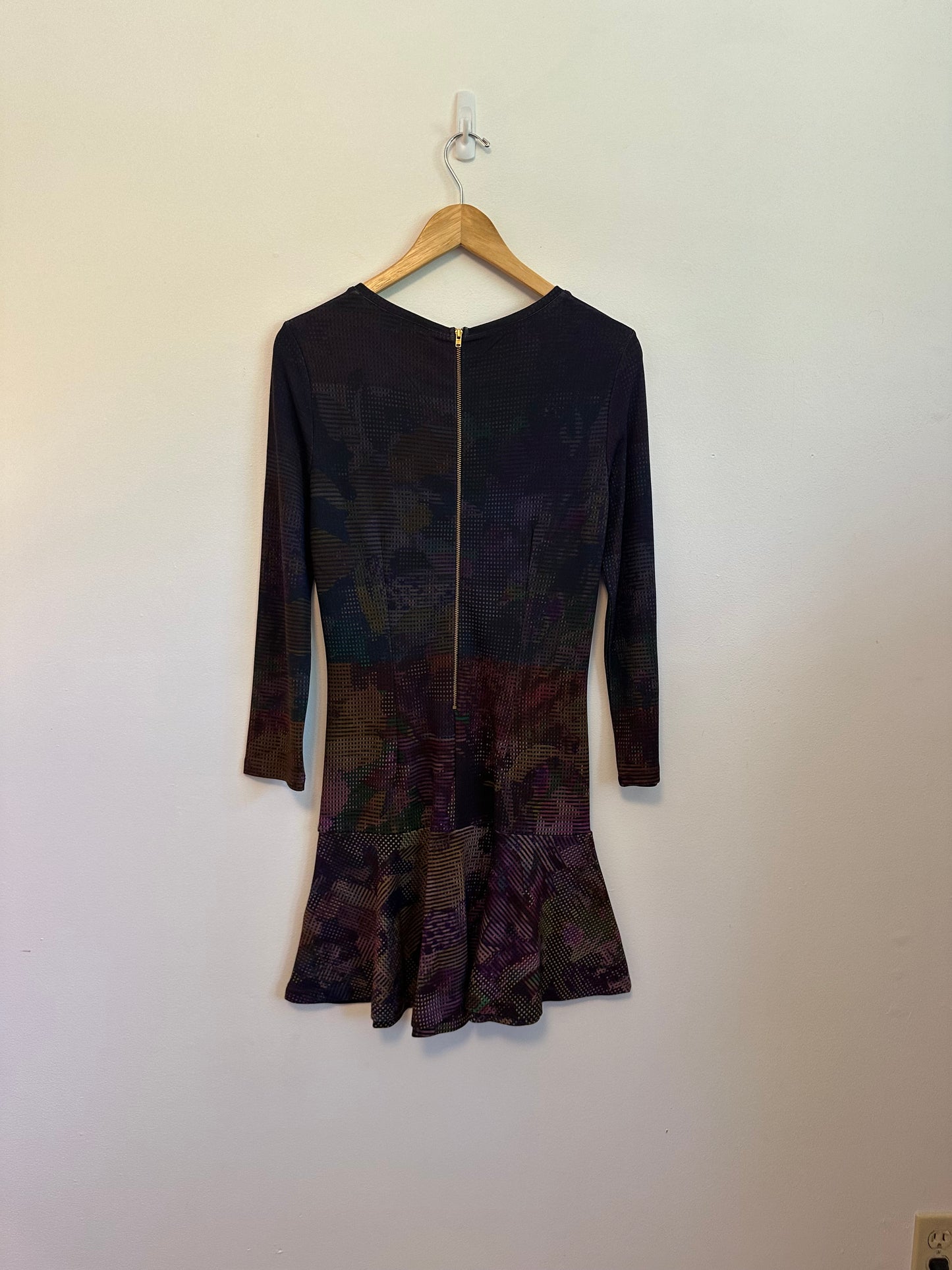French Connection Purple Abstract Print Long Sleeve Ruffle Mini Dress | Size 6