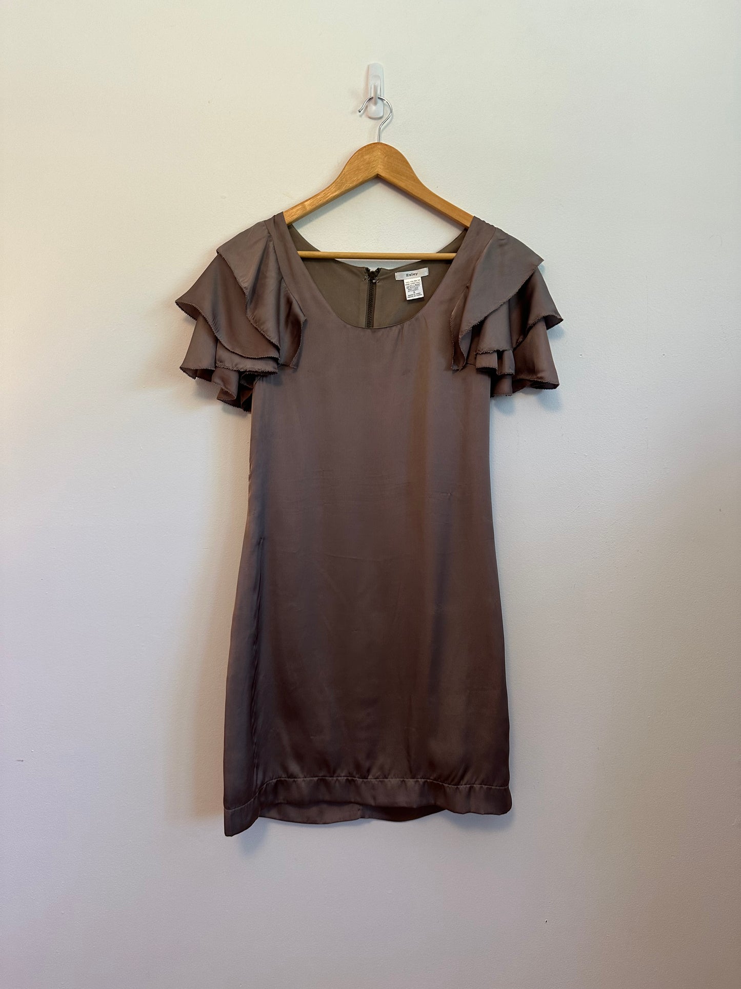 Esley Brown Satin Ruffle Flutter Sleeve Mini Dress | Size Small