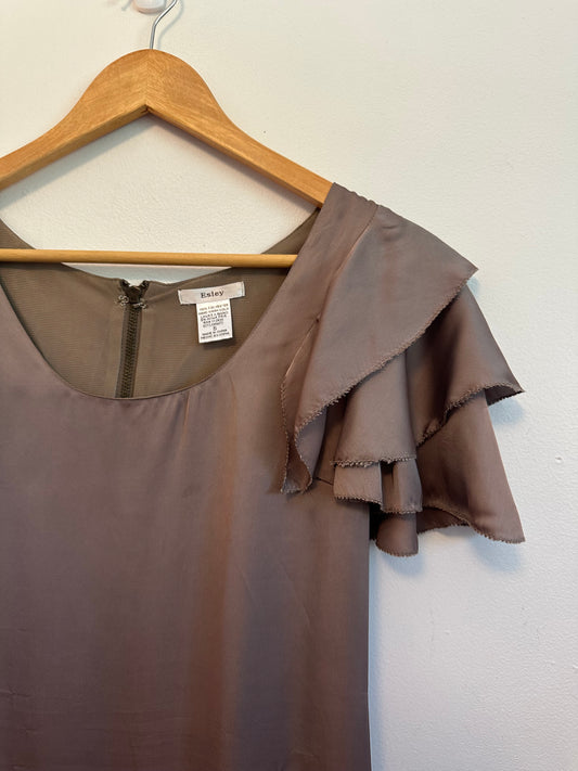 Esley Brown Satin Ruffle Flutter Sleeve Mini Dress | Size Small