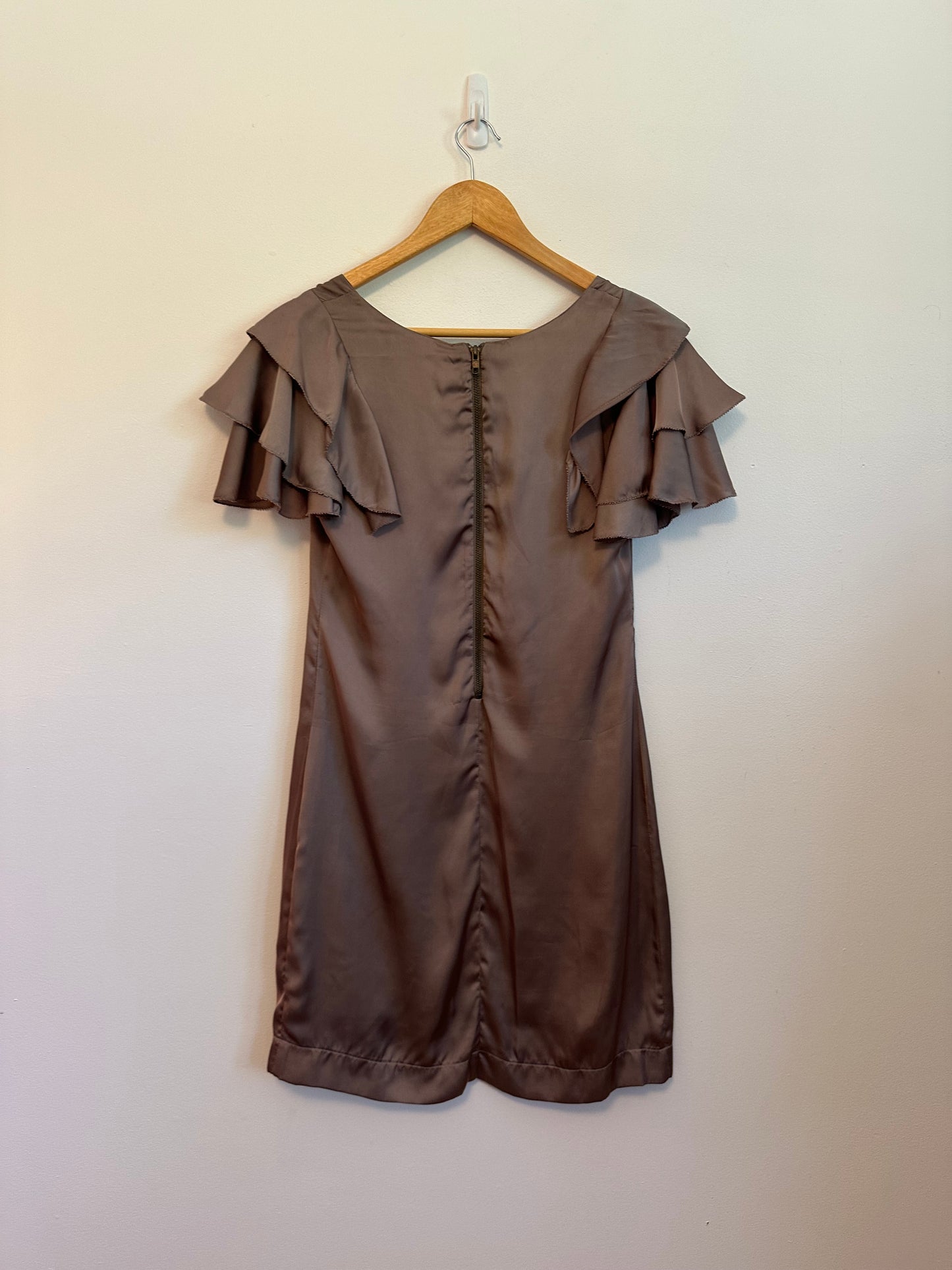 Esley Brown Satin Ruffle Flutter Sleeve Mini Dress | Size Small
