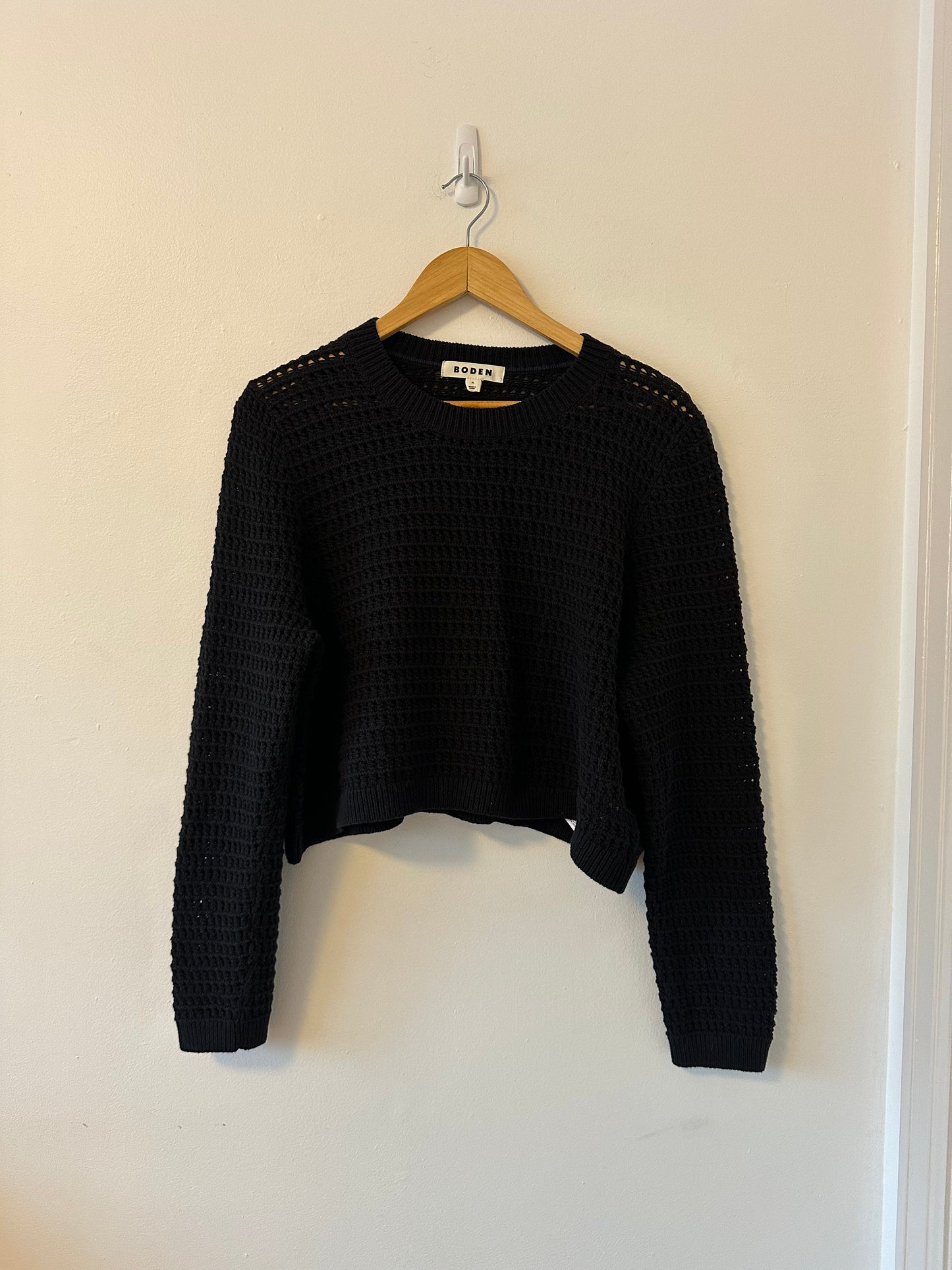 Boden Cropped Crochet Open Knit Black Cotton Sweater | Size XL