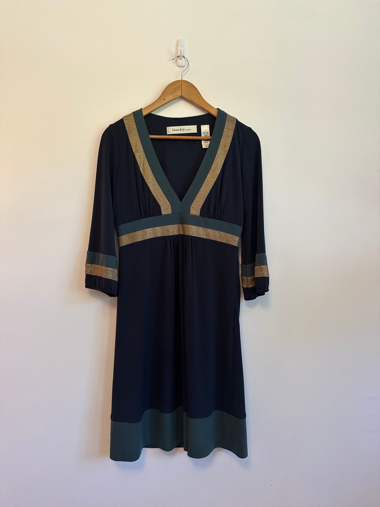 Laundry by Design Navy Blue Gold Metallic Teal Empire Waist V-Neck Dress | Size 6