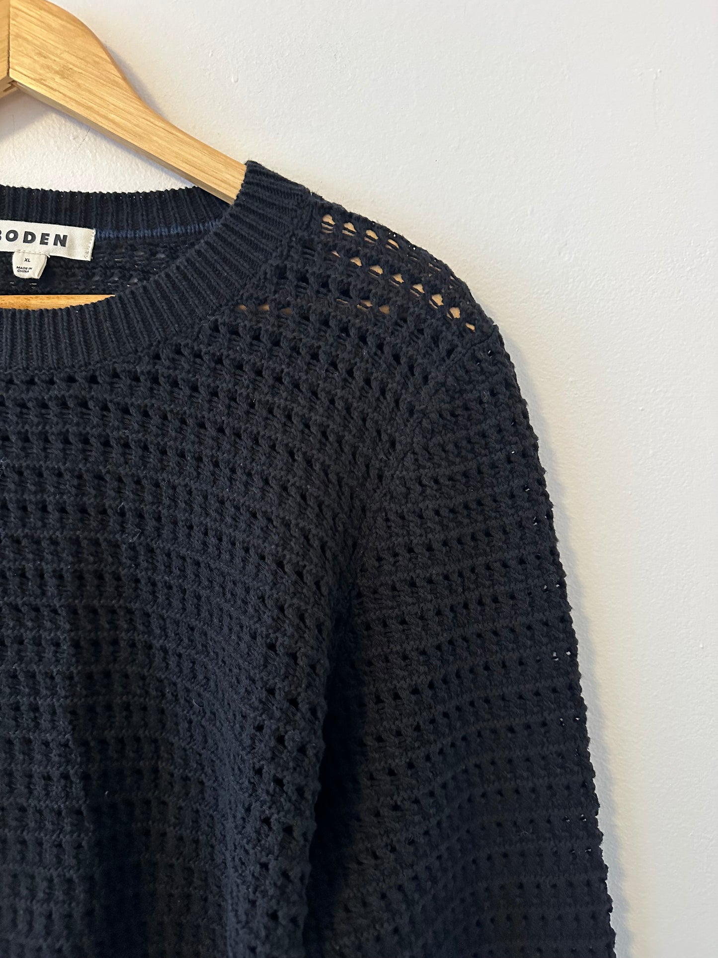 Boden Cropped Crochet Open Knit Black Cotton Sweater | Size XL