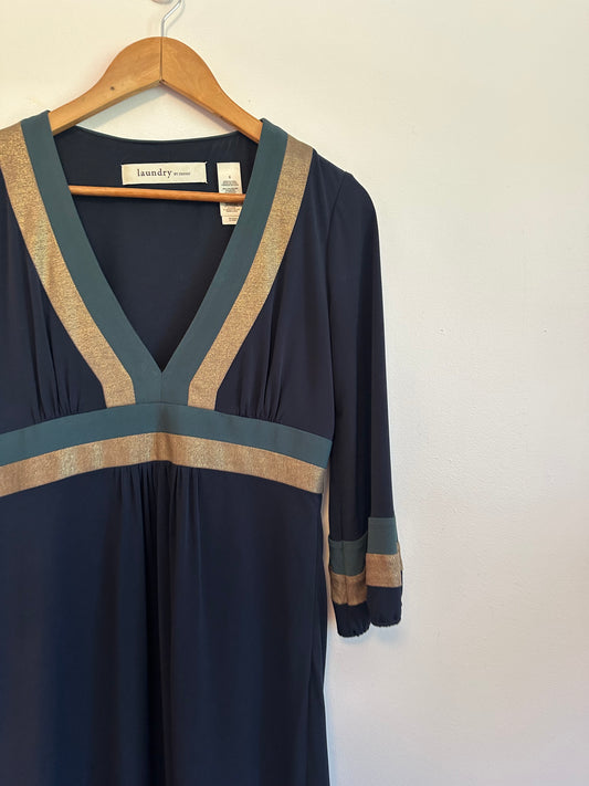 Laundry by Design Navy Blue Gold Metallic Teal Empire Waist V-Neck Dress | Size 6