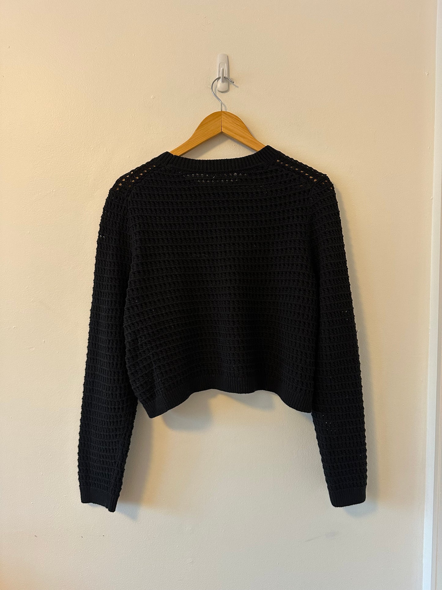 Boden Cropped Crochet Open Knit Black Cotton Sweater | Size XL