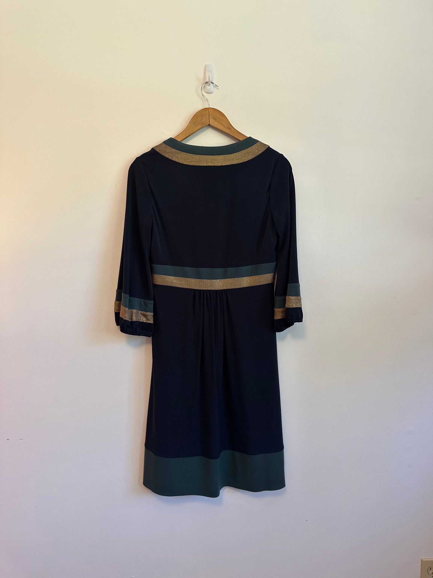 Laundry by Design Navy Blue Gold Metallic Teal Empire Waist V-Neck Dress | Size 6