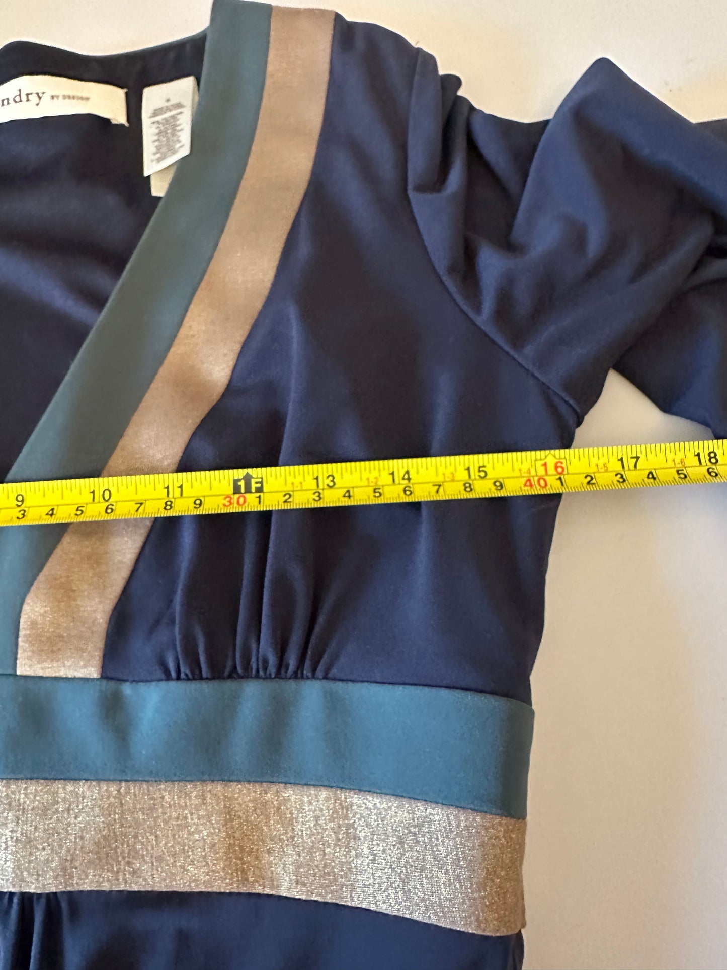 Laundry by Design Navy Blue Gold Metallic Teal Empire Waist V-Neck Dress | Size 6