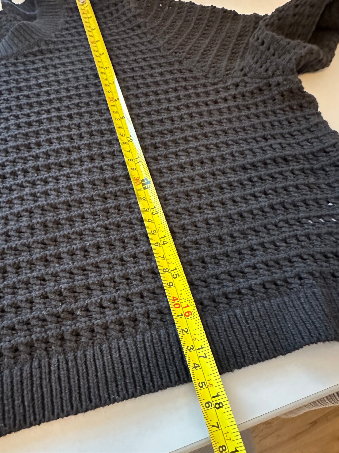 Boden Cropped Crochet Open Knit Black Cotton Sweater | Size XL