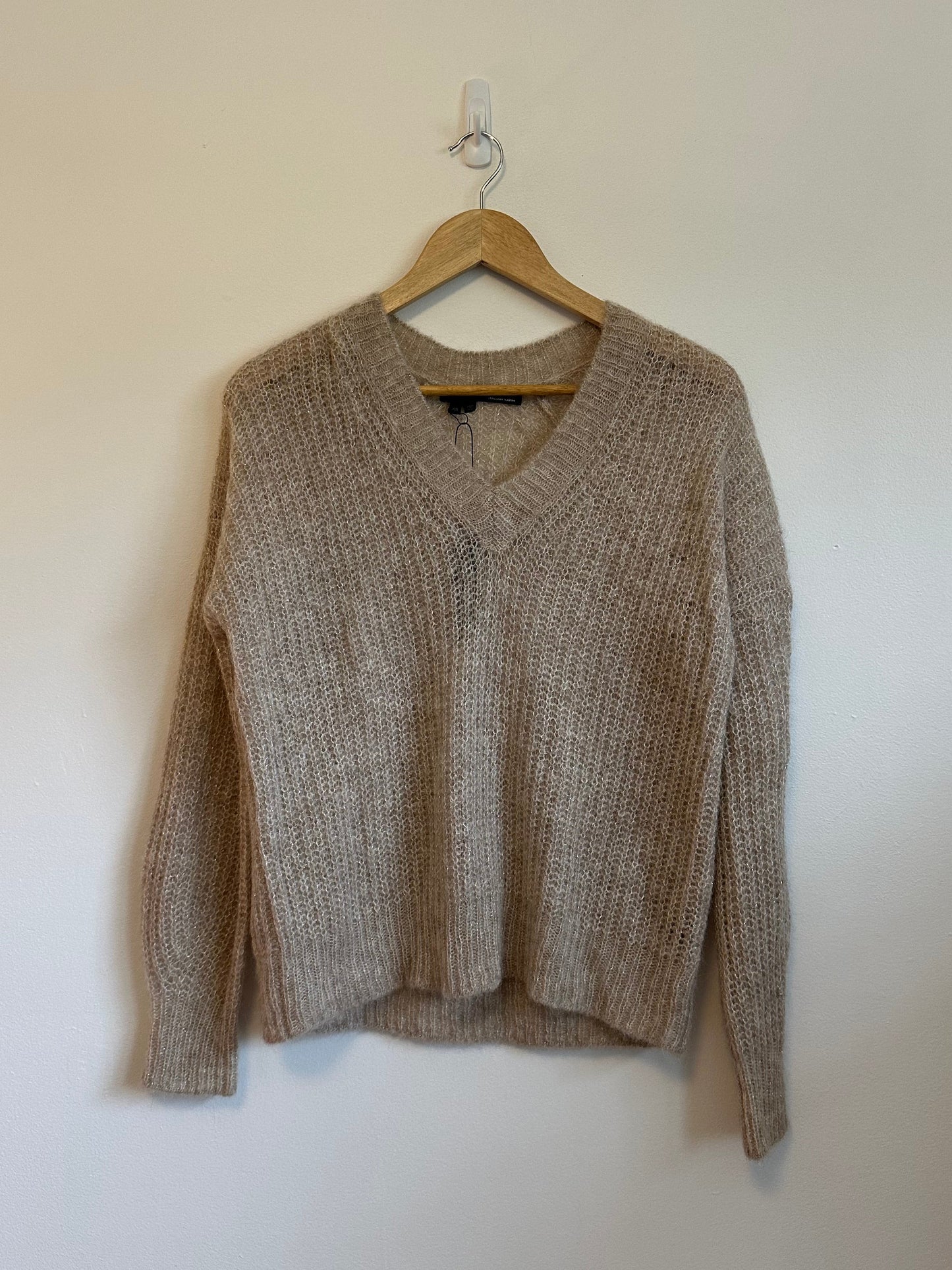 NWT 360 Sweater Sparkle Gold Metallic Alpaca Blend V-Neck | Size XS