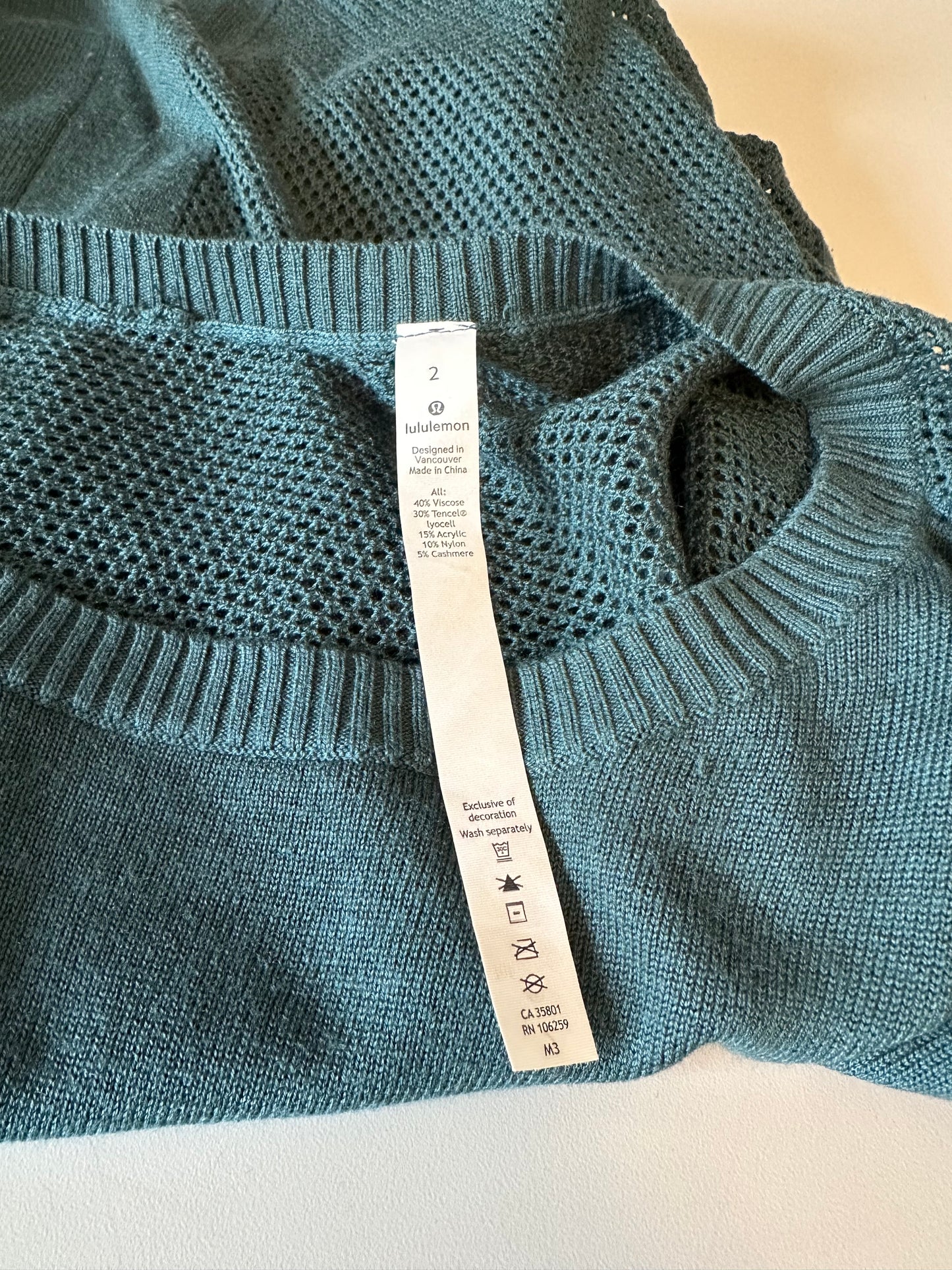 Lululemon Teal Green Mesh Back Cashmere Blend Knit Sweater | Size 2