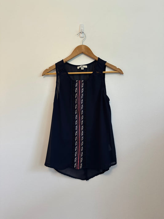 YA Los Angeles Navy Blue Silk Blend Embroidered Sleeveless Blouse | Size Small