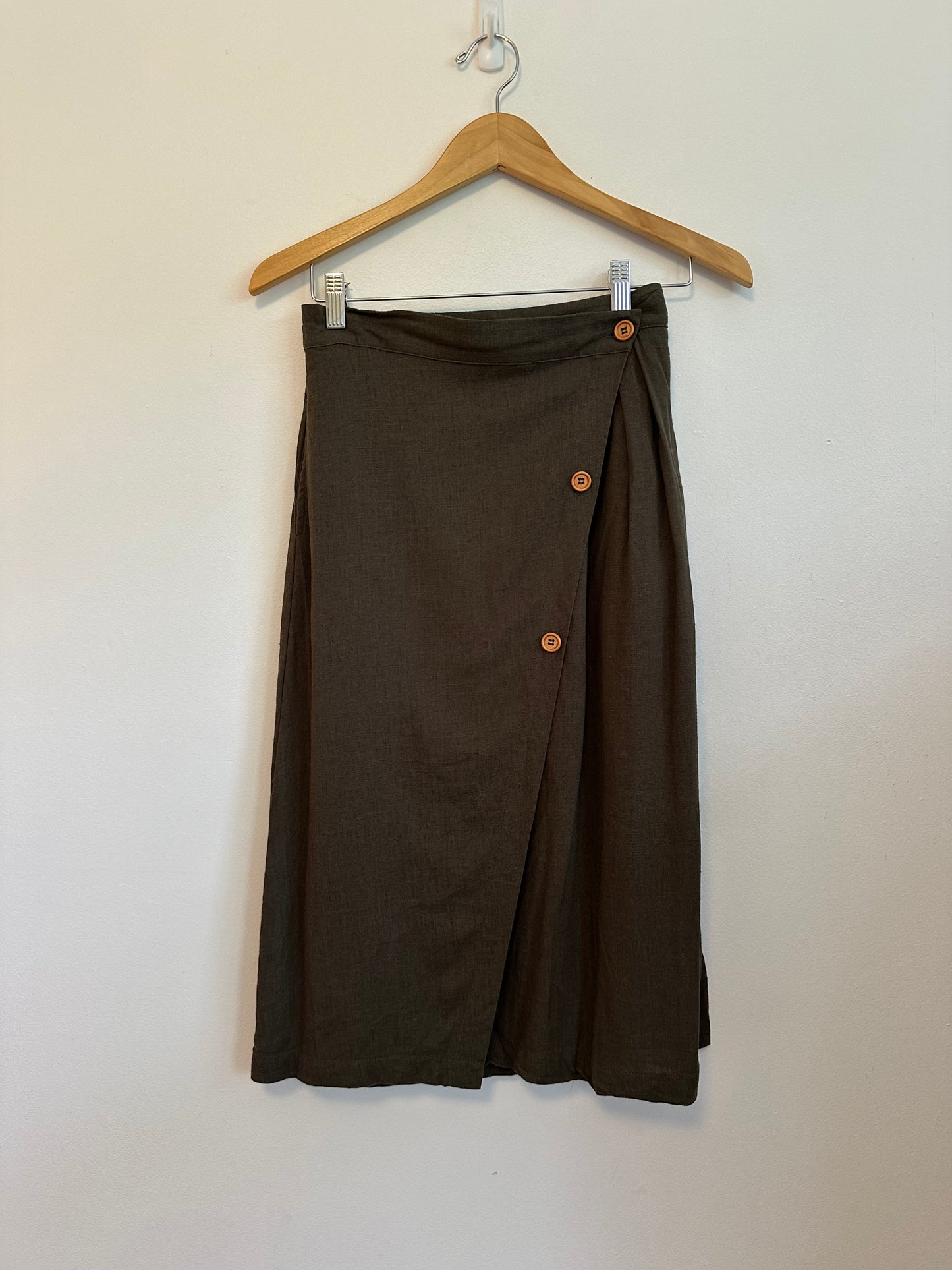 Chartou Linen Elastic Back Buttoned Swing Midi A-Line Skirt | Size XS