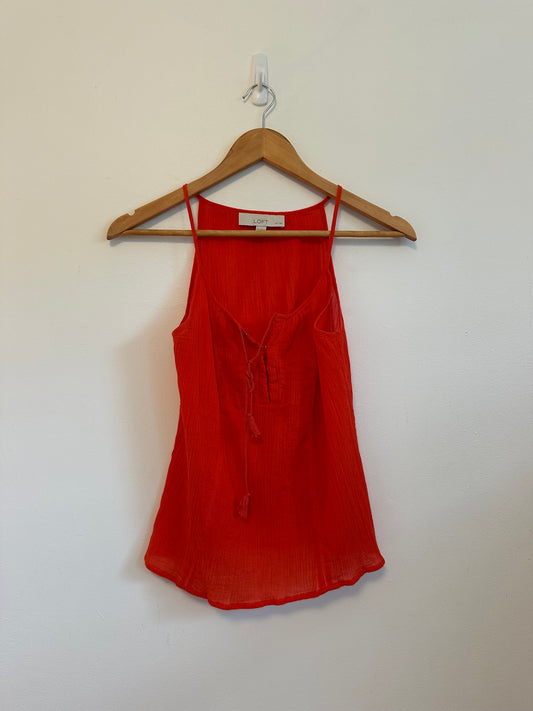 Loft Cotton Gauze Lace Up Tassel Tank Top in Orange | Size XSP