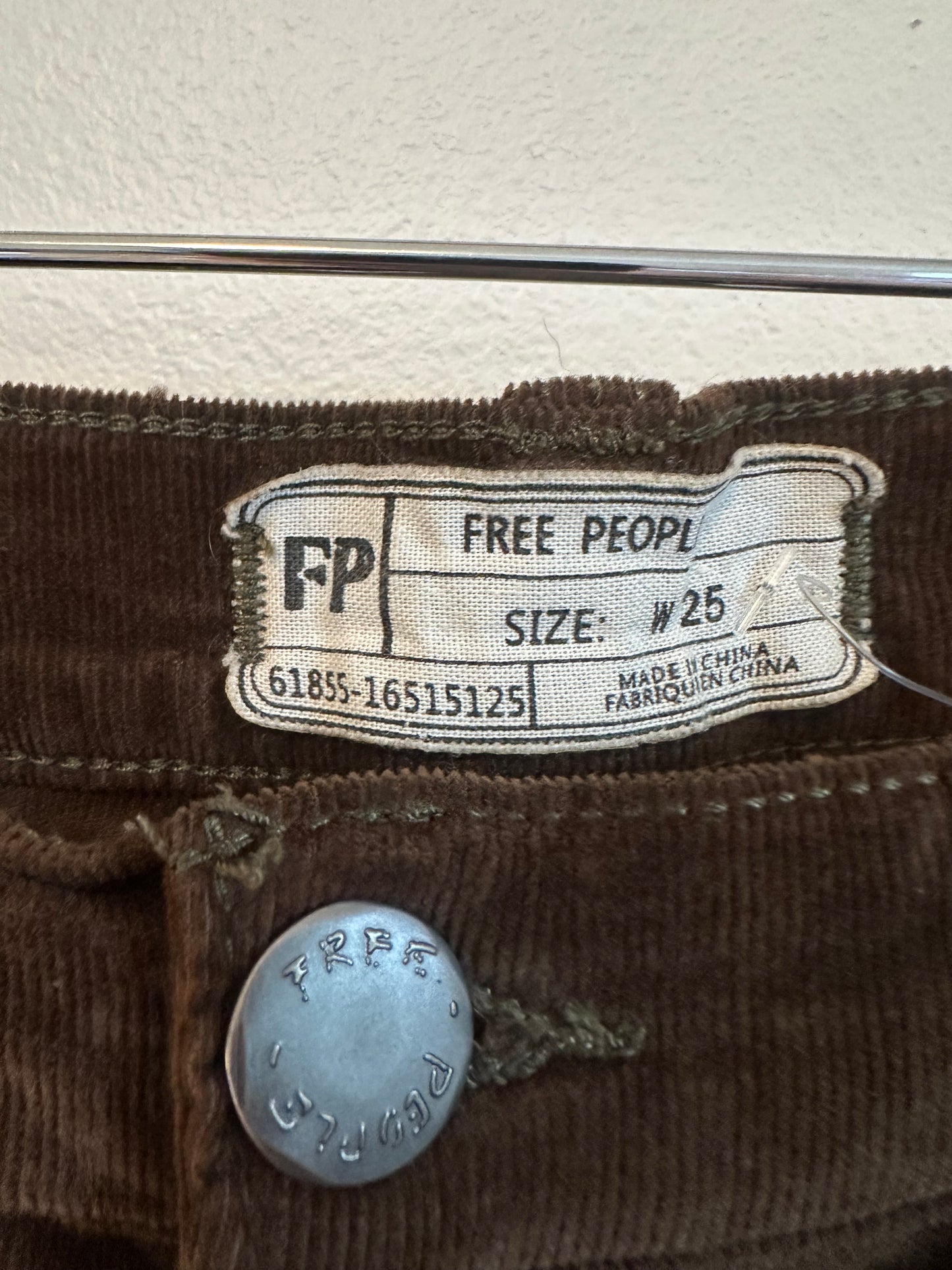 Free People Brown High Rise Button Fly Skinny Corduroy Pants | Size 25