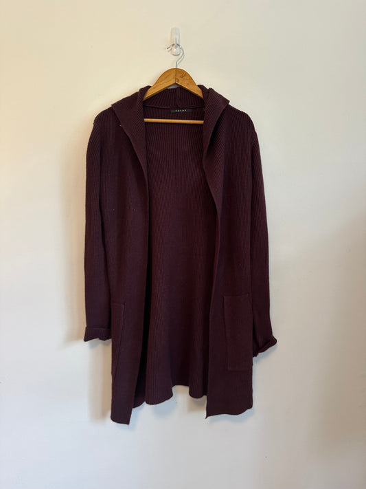 Cyrus Burgundy Ribbed Hooded Open Front Longline Cardigan Sweater | Size Small