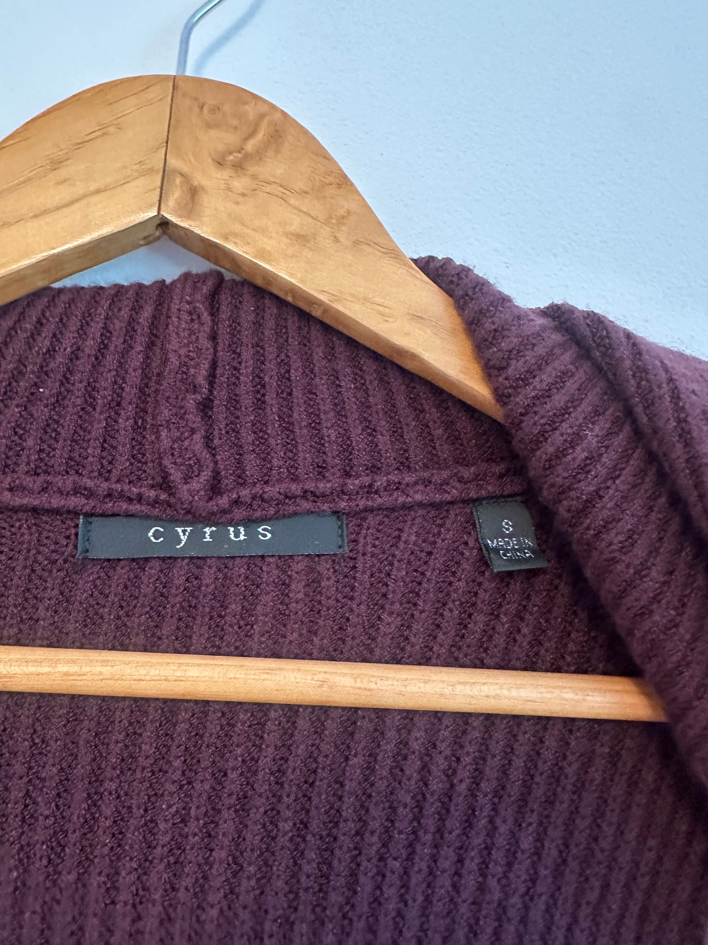 Cyrus Burgundy Ribbed Hooded Open Front Longline Cardigan Sweater | Size Small