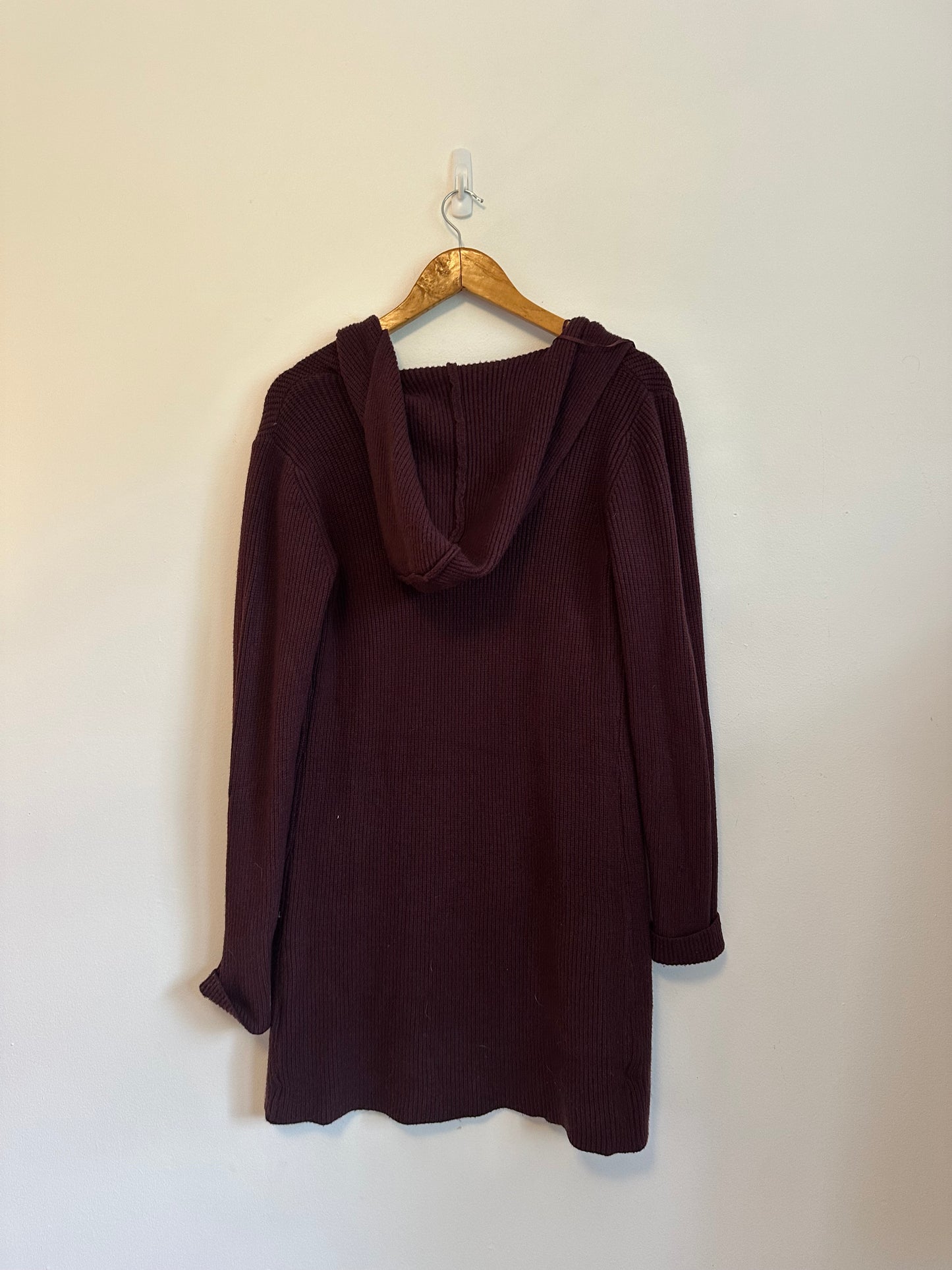 Cyrus Burgundy Ribbed Hooded Open Front Longline Cardigan Sweater | Size Small