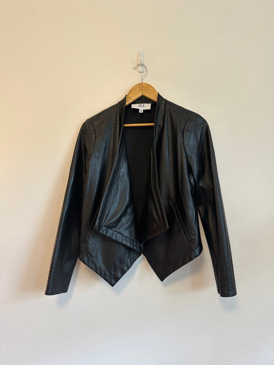 Jack by BB Dakota Black Faux Leather Draped Open Front Moto Jacket | Size XS