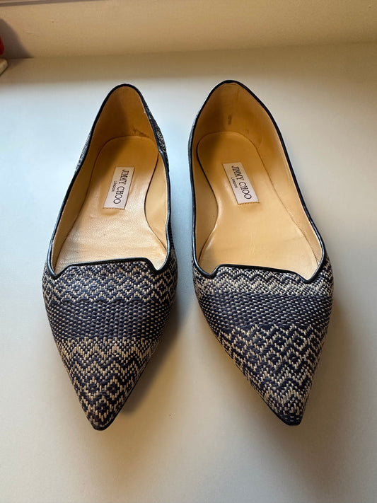 Jimmy Choo Attila Pointed Toe Flat in Navy Blue Woven Fabric | Size 38.5