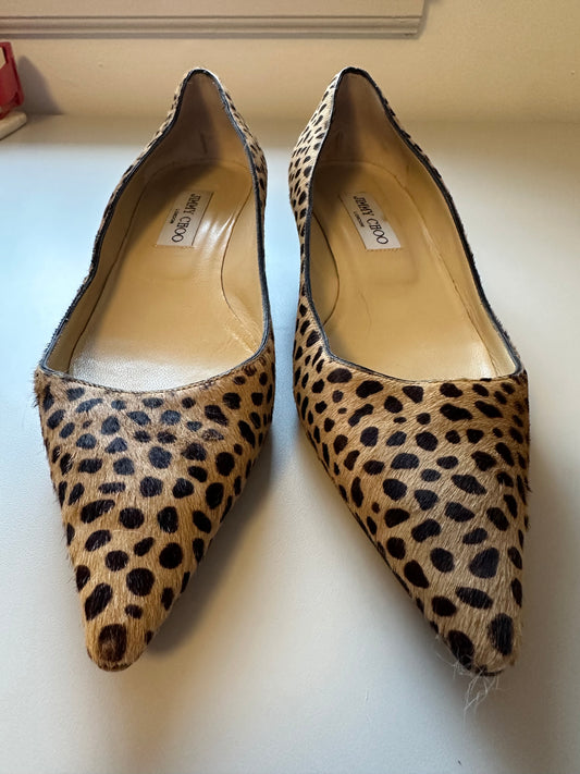 Jimmy Choo Leopard Print Calf Hair Pointed Toe Kitten Heels | Size 39