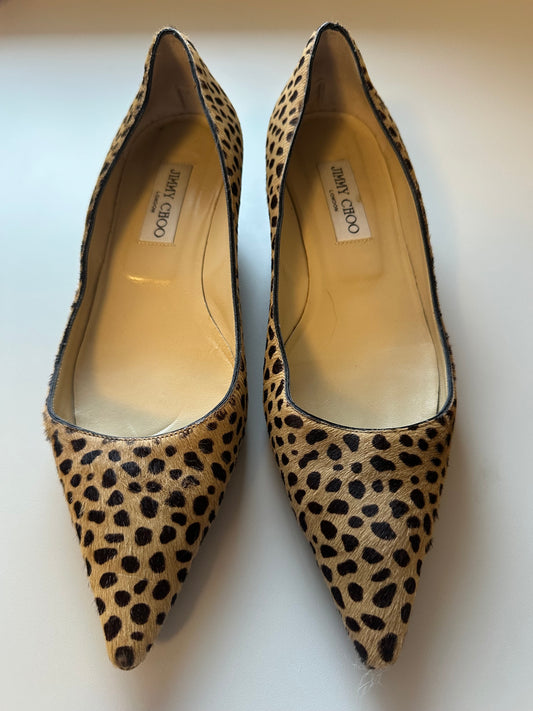 Jimmy Choo Leopard Print Calf Hair Pointed Toe Kitten Heels | Size 39