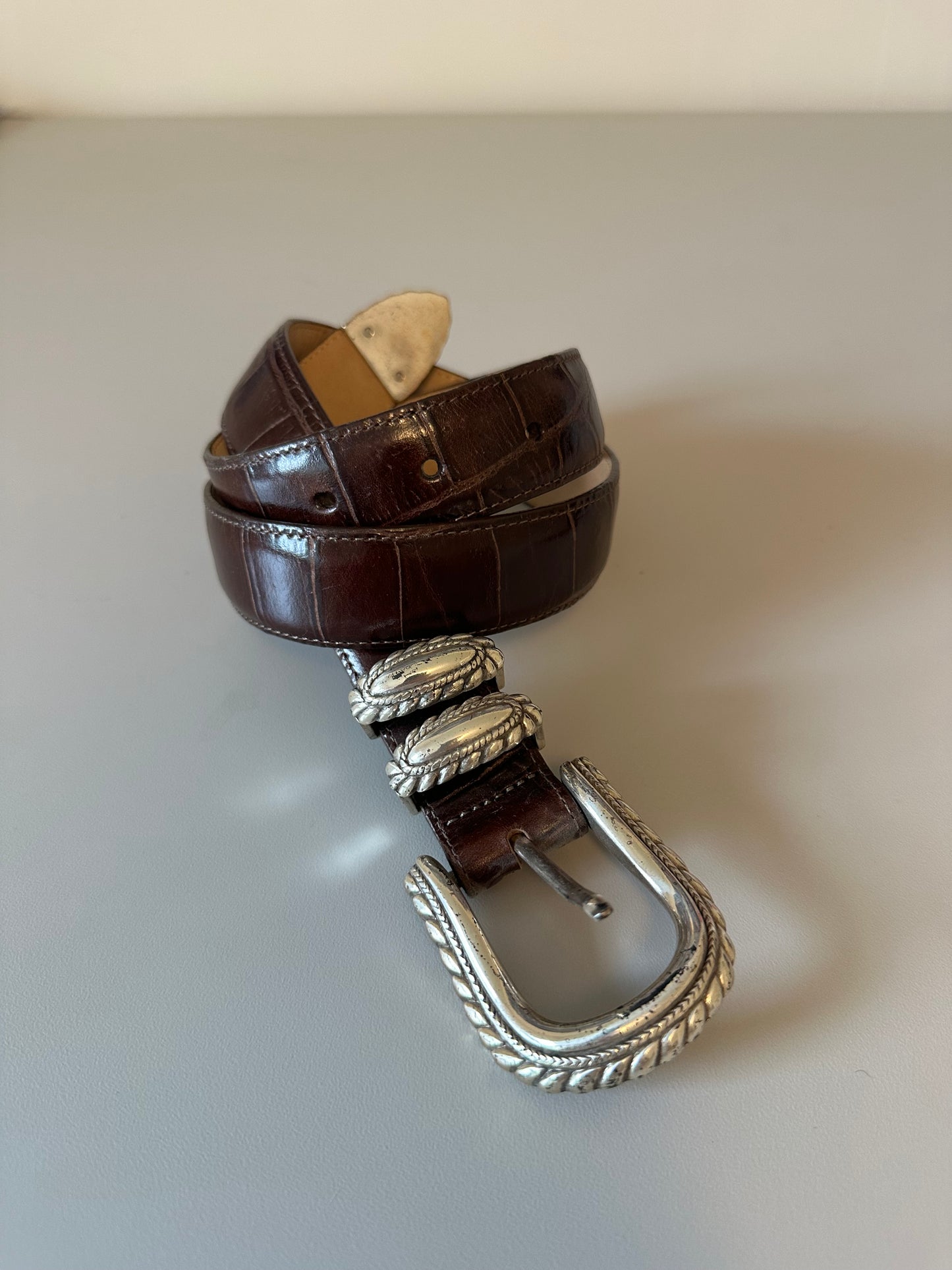 Brighton Brown Crocodile Embossed Leather Western Silver Buckle Belt | Size Medium
