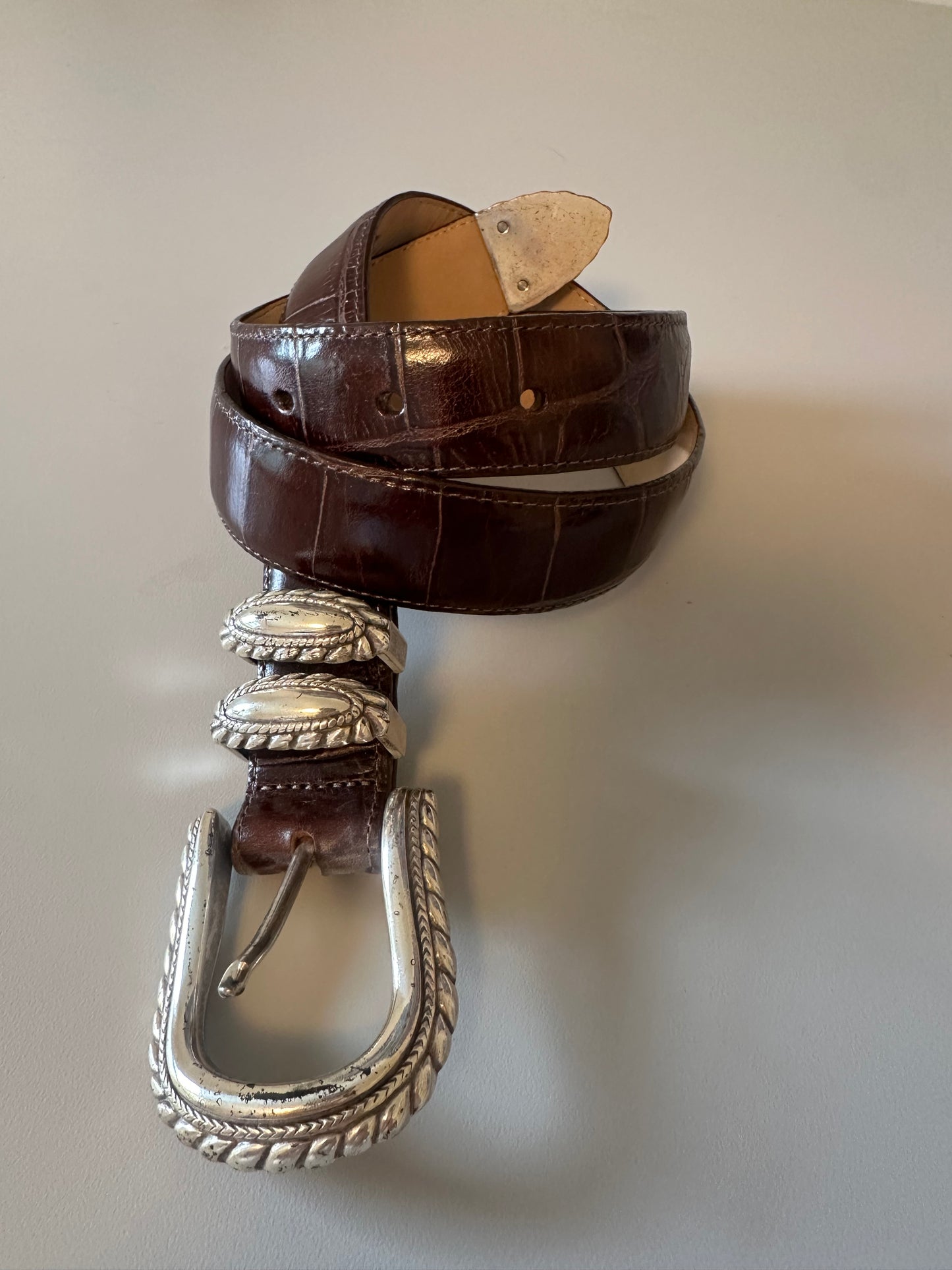 Brighton Brown Crocodile Embossed Leather Western Silver Buckle Belt | Size Medium