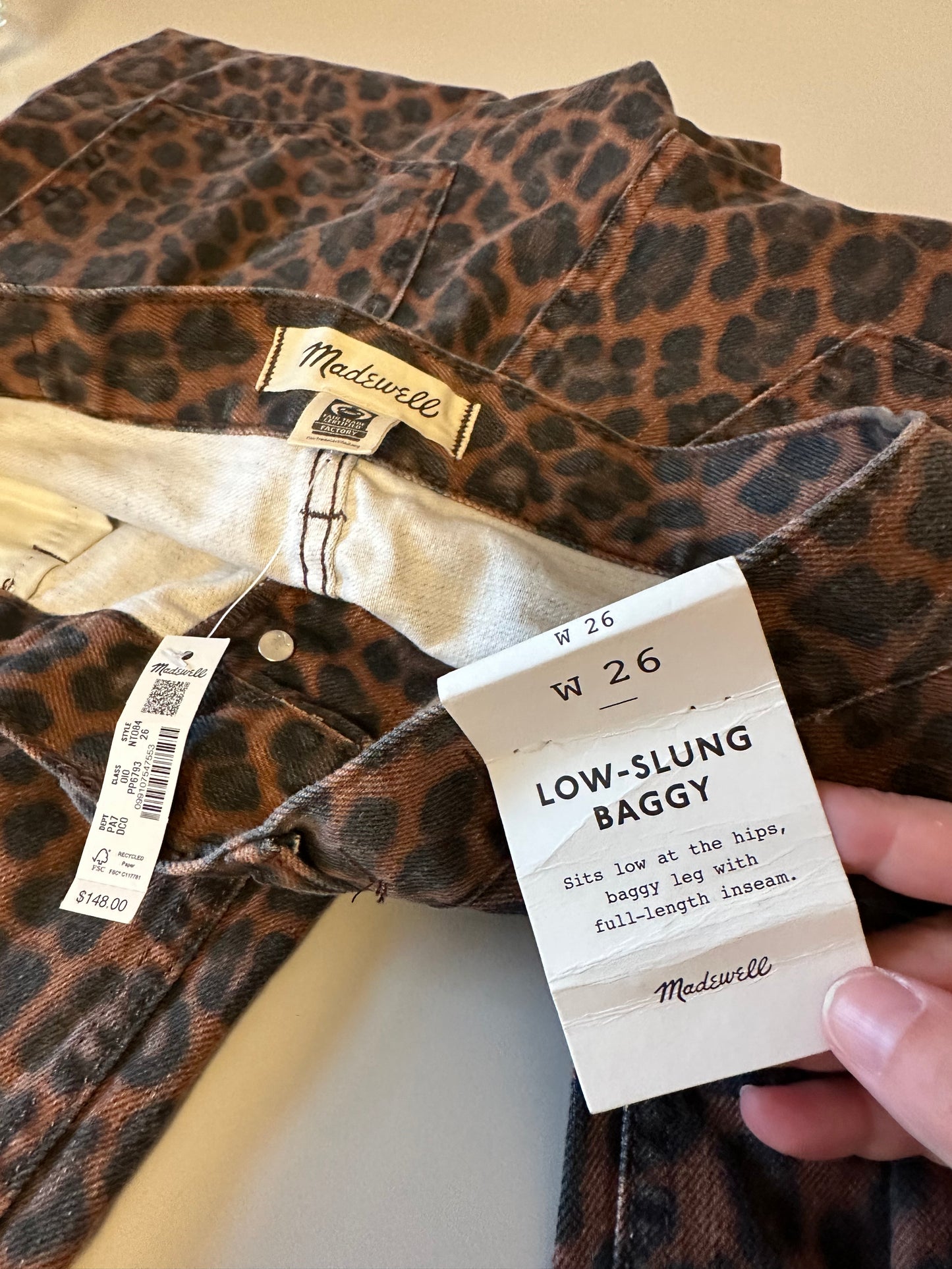 Madewell NWT Low Slung Baggy Jeans in Cotton Dark Coffee Leopard | Size 26