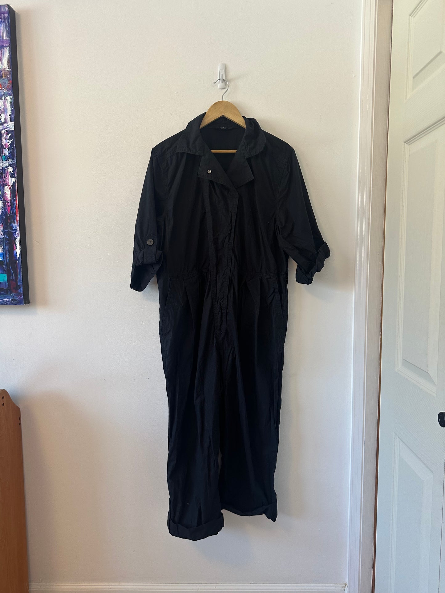 Banana Republic Black Cotton Poplin Snap Front Jumpsuit | Size Large