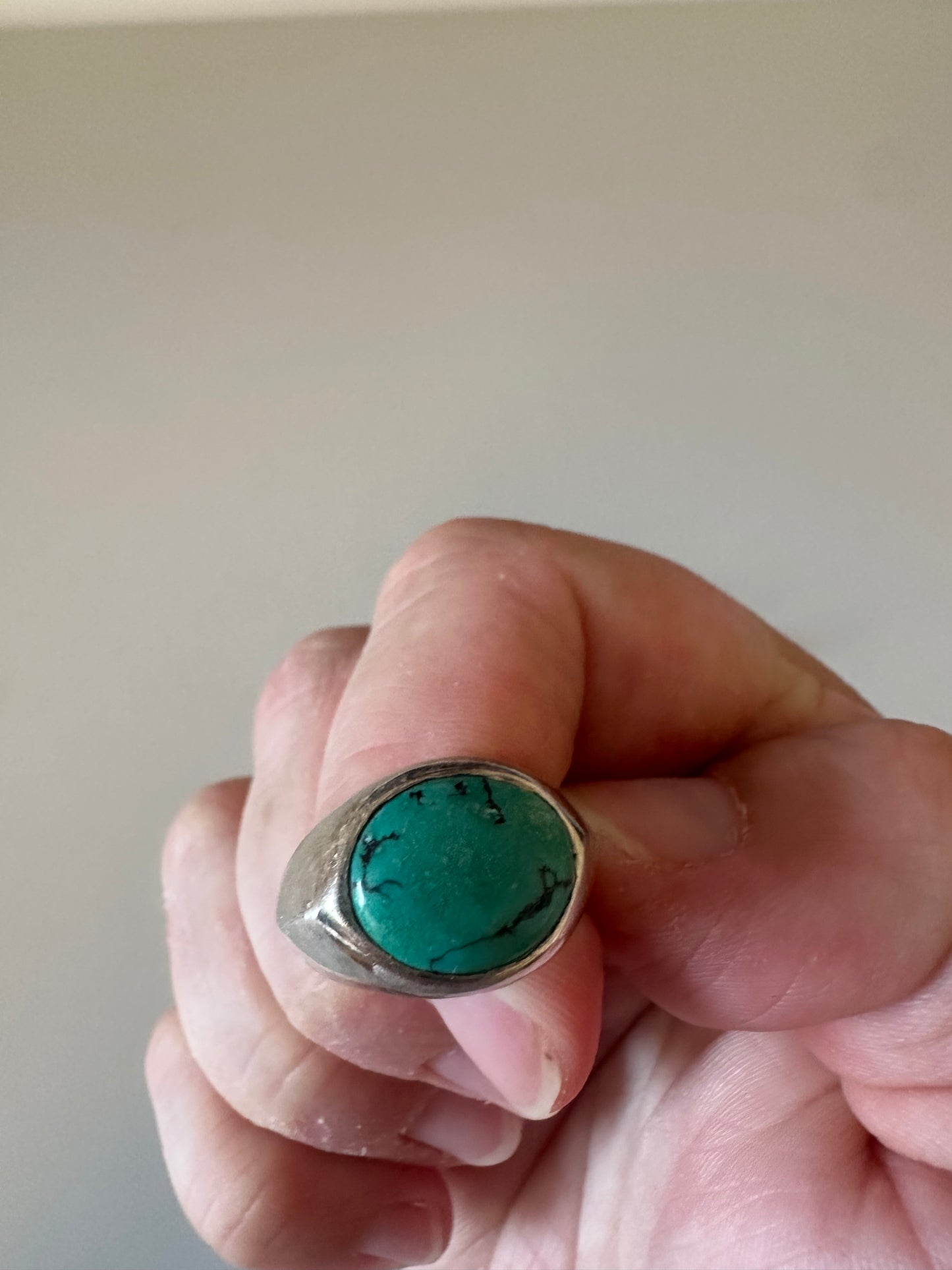 Vintage Turquoise Signet Silver Tone Ring