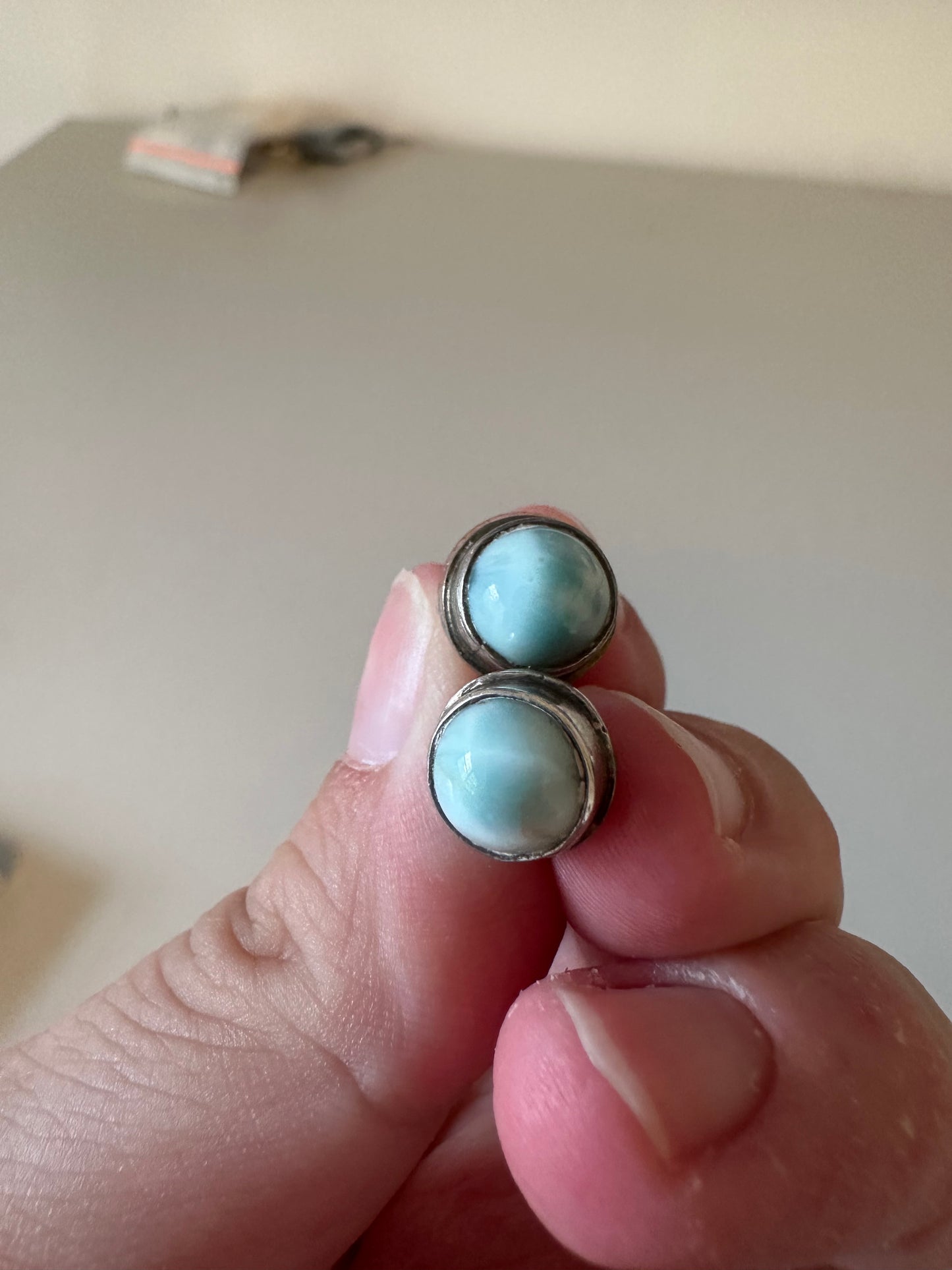 Larimar Sterling Silver  Round Cabochon Bezel Set Stud Earrings
