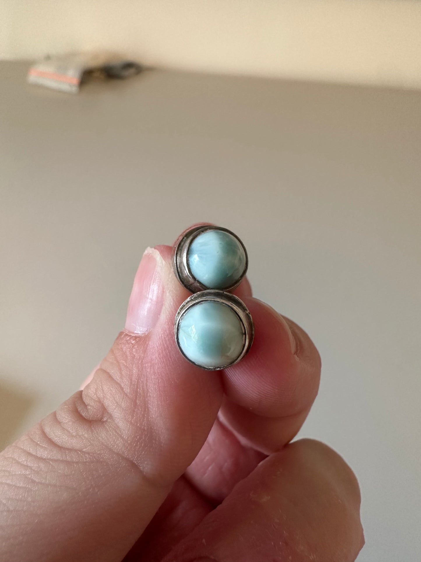 Larimar Sterling Silver  Round Cabochon Bezel Set Stud Earrings