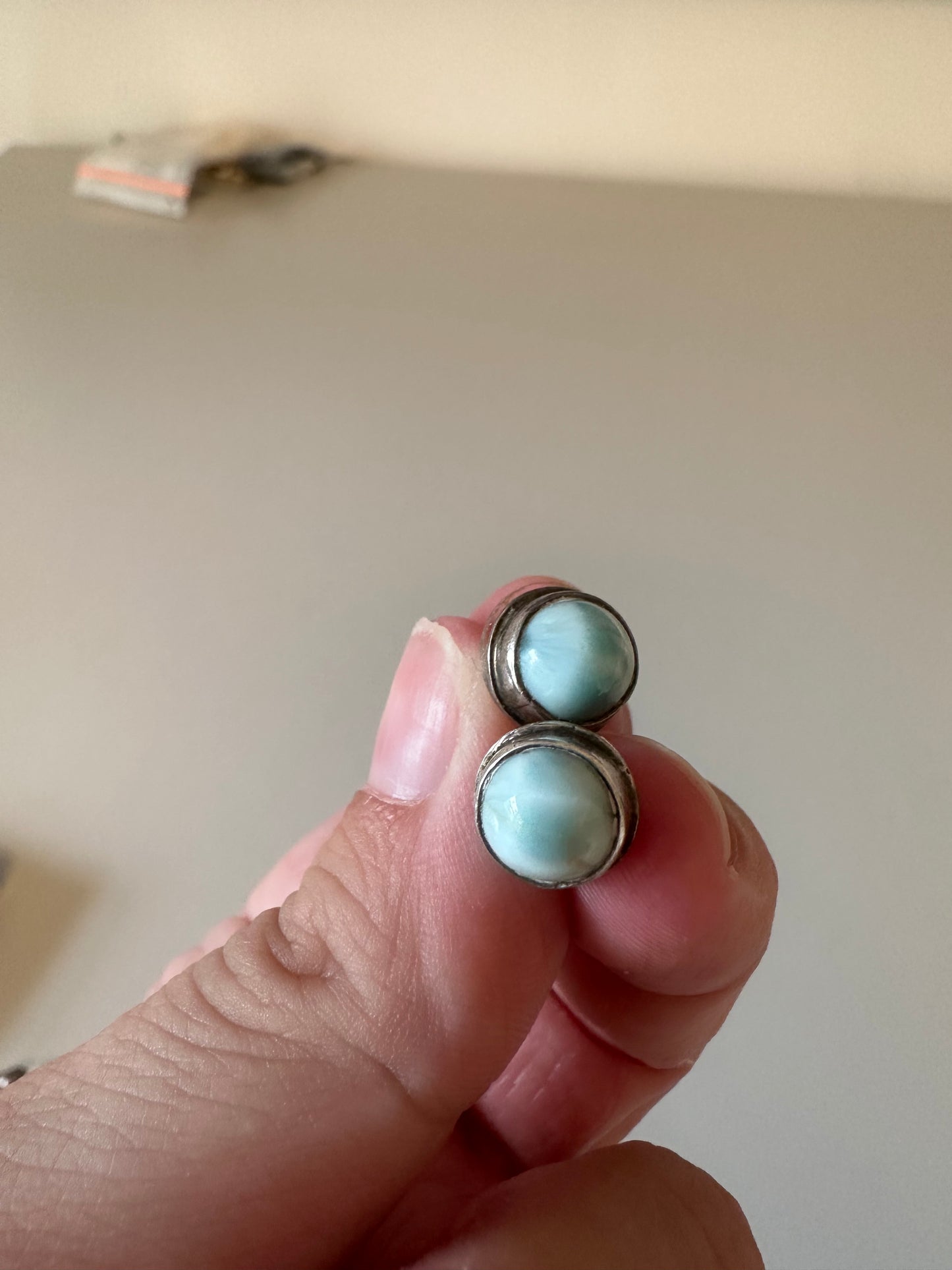 Larimar Sterling Silver  Round Cabochon Bezel Set Stud Earrings