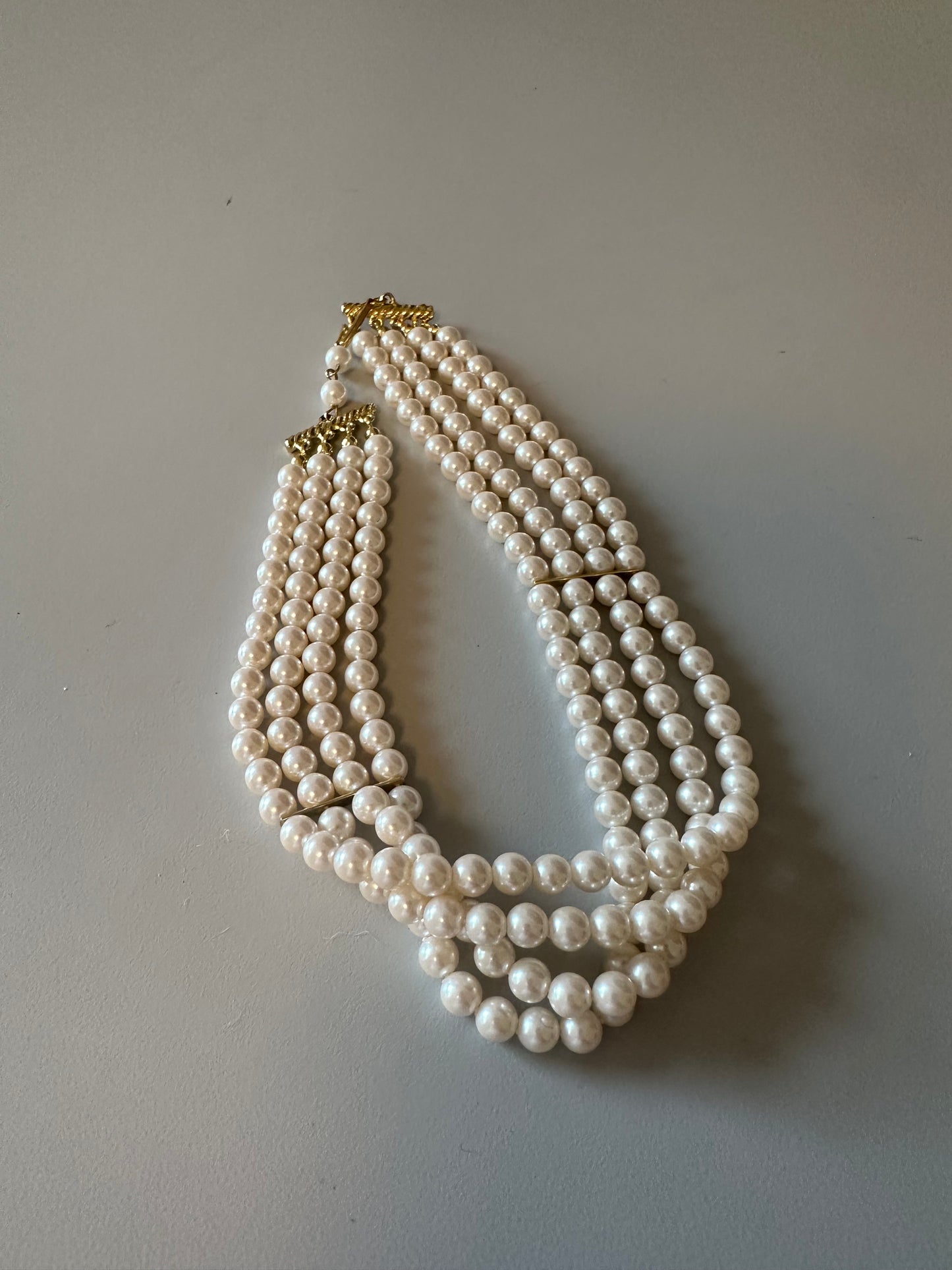 Vintage Style 4 Strand Faux Pearl Gold Tone Choker Necklace