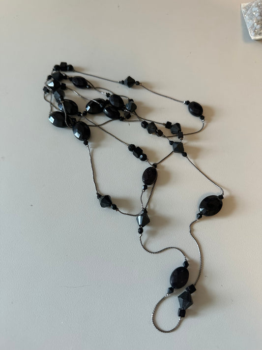 Vintage Long Black Faceted Bead Station Gunmetal Chain Necklace