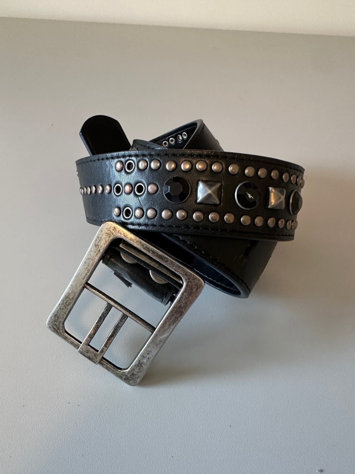 Black Leather Studded and Silver Pyramid Rivets Belt