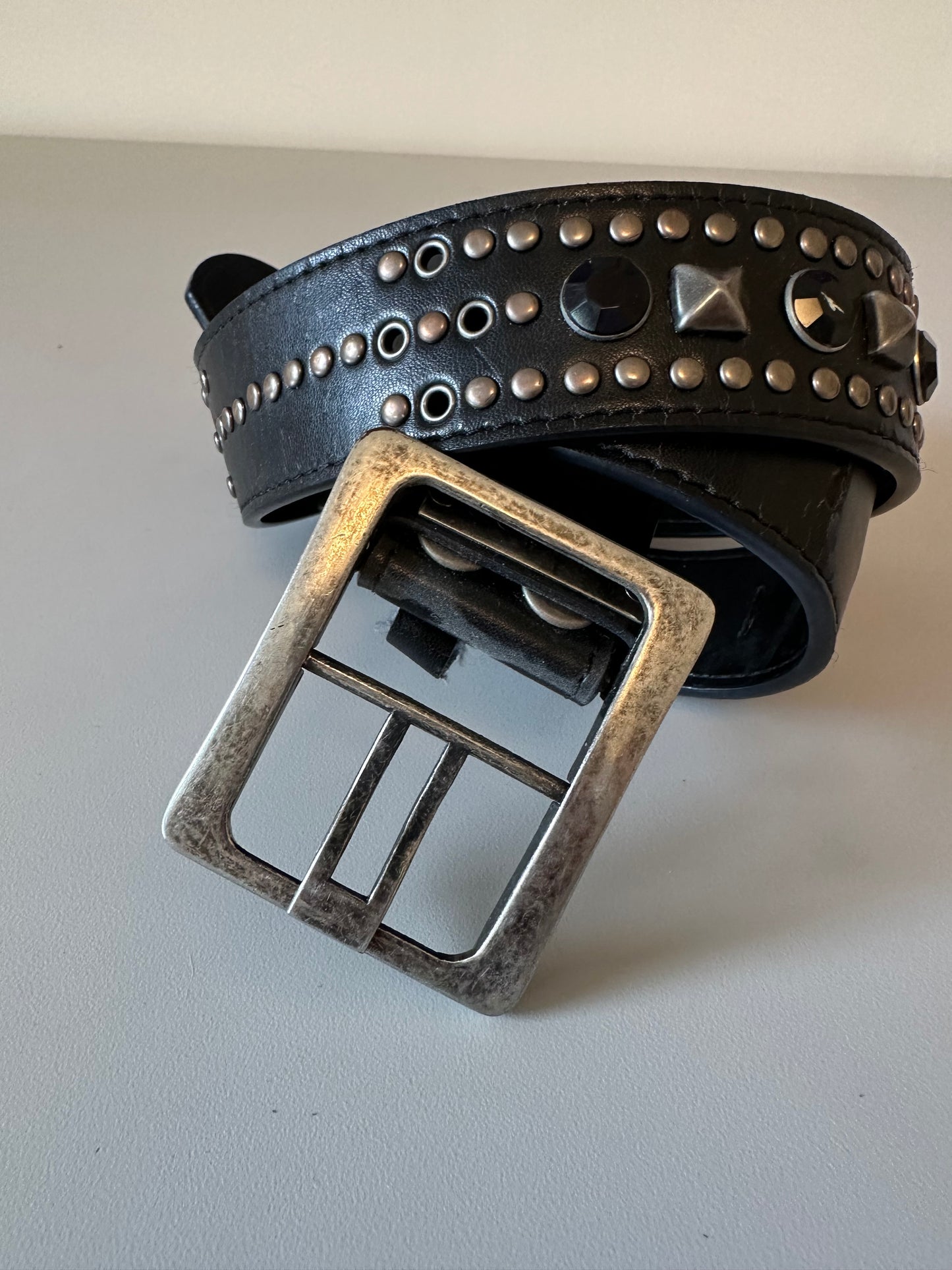Black Leather Studded and Silver Pyramid Rivets Belt