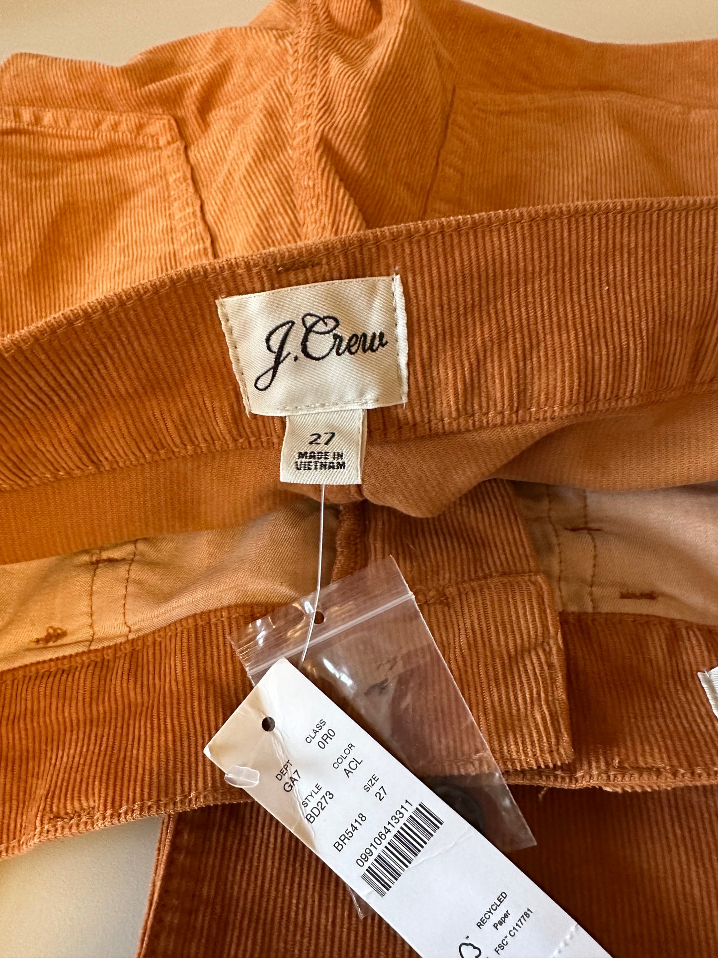 J. Crew NWT 90's Straight Leg Caramel Brown Corduroy Jeans | Size 27