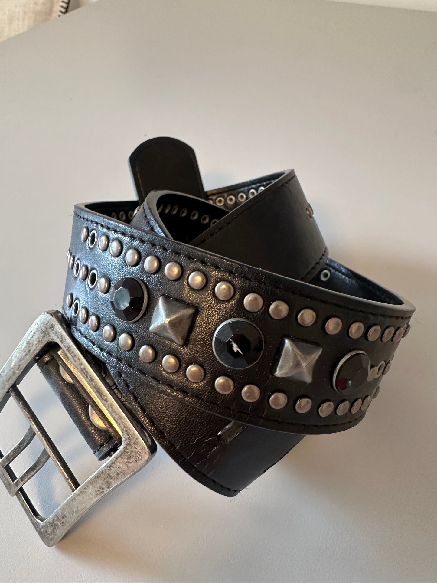 Black Leather Studded and Silver Pyramid Rivets Belt