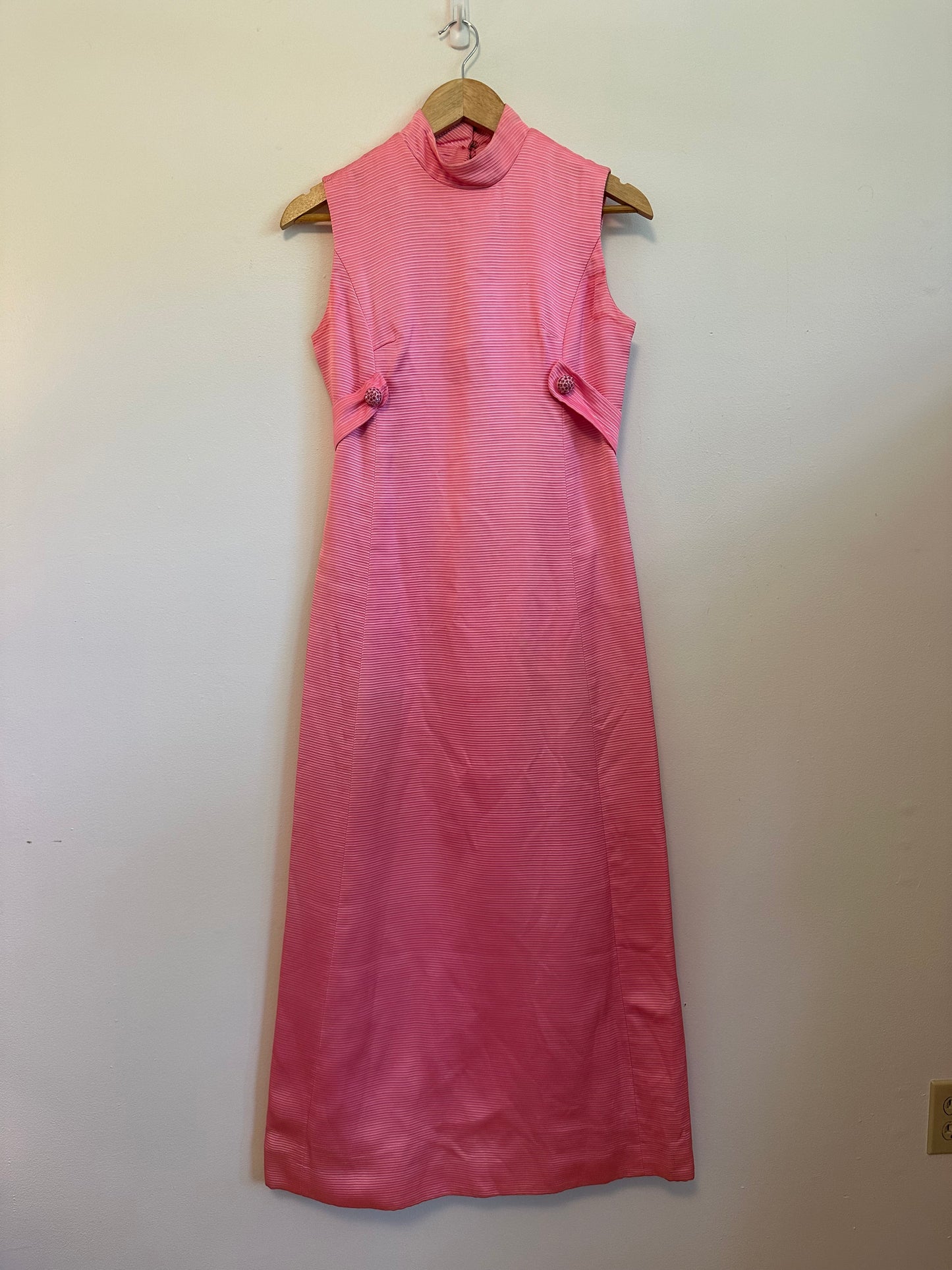 Vintage 70s Pink Ribbed Mock Neck Rhinestone Button Column Gown